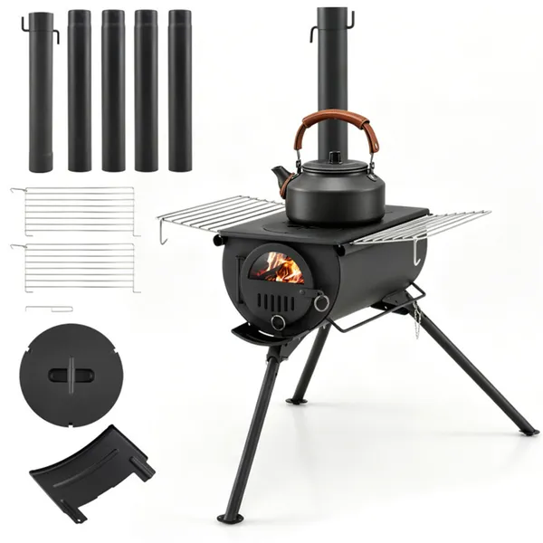 Estufa Portátil Plegable de Leña para Tiendas de Campaña con 5 Secciones de Chimenea, Estructura de Acero de Alta Resistencia para Camping y Caza con Ventana de Visión y Alistamientos de Cocina — imagen 3
