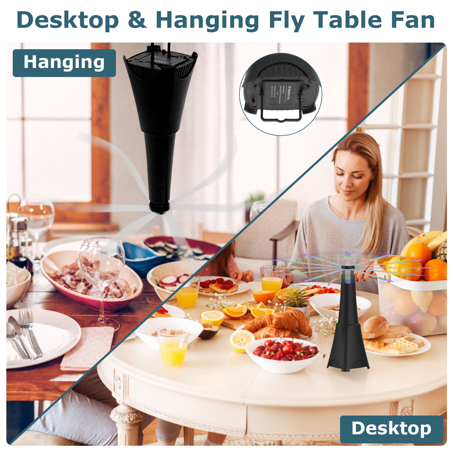 Paquete de 2 Ventiladores Portátiles Reflectantes Repelentes de Moscas, Con Batería Recargable, Trampa de Moscas Para Mesa y Comida, Aspas de Parada Suave, Gancho Para Colgar, Interior y Exterior — imagen 2