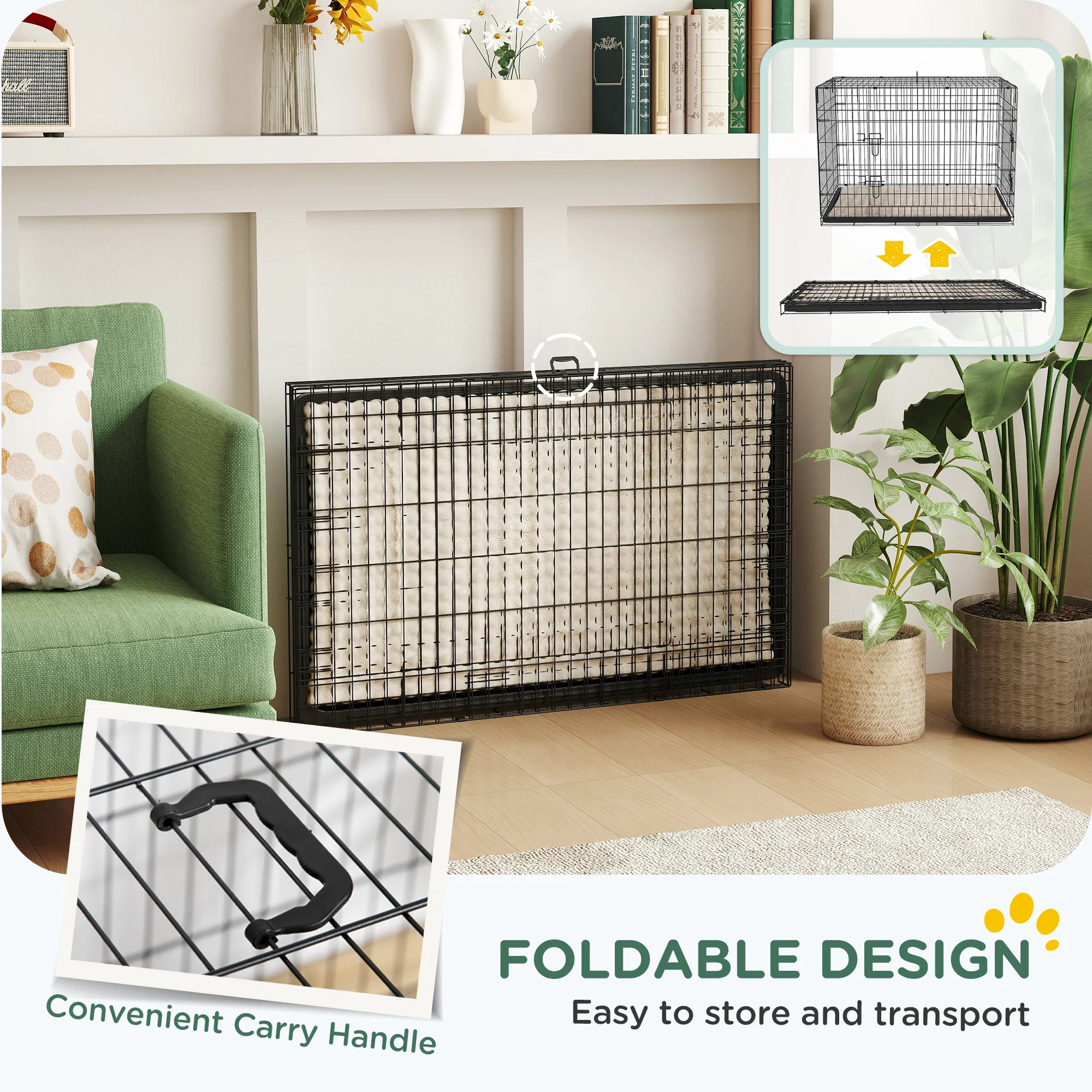 41" Dog Crate with 2 Doors, Folding Metal Dog Cage with Soft Cushion, Removable Tray, Handle, for Small Dogs, Black — image 2