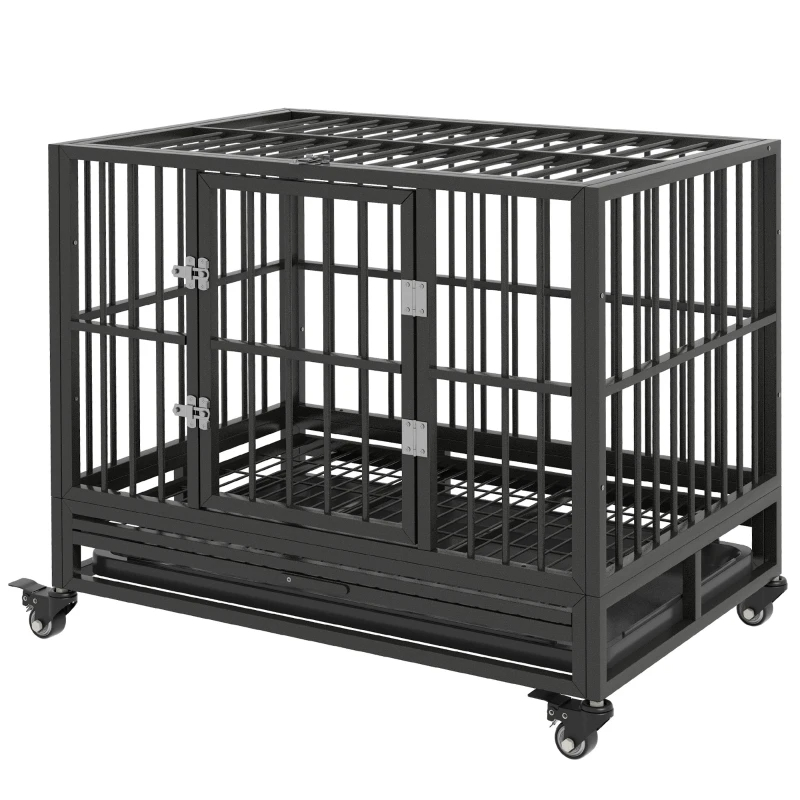 Heavy Duty Dog Crate Metal Cage Kennel With Lockable Wheels, Double Door And Removable Tray, Gray — imagen 1