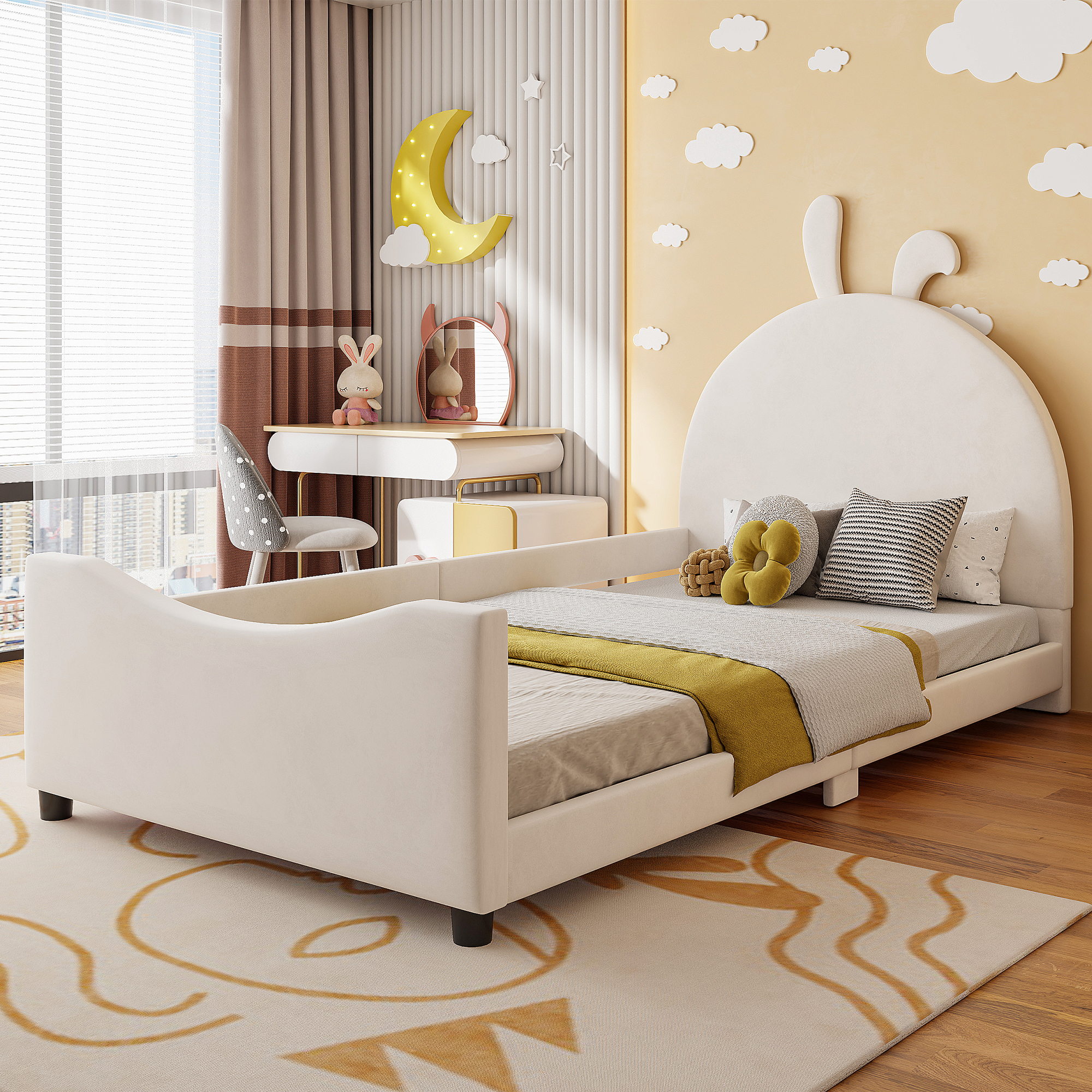 Cama de Twin con Armazón de Pared de Conejo y Cabecera Beige — imagen 1