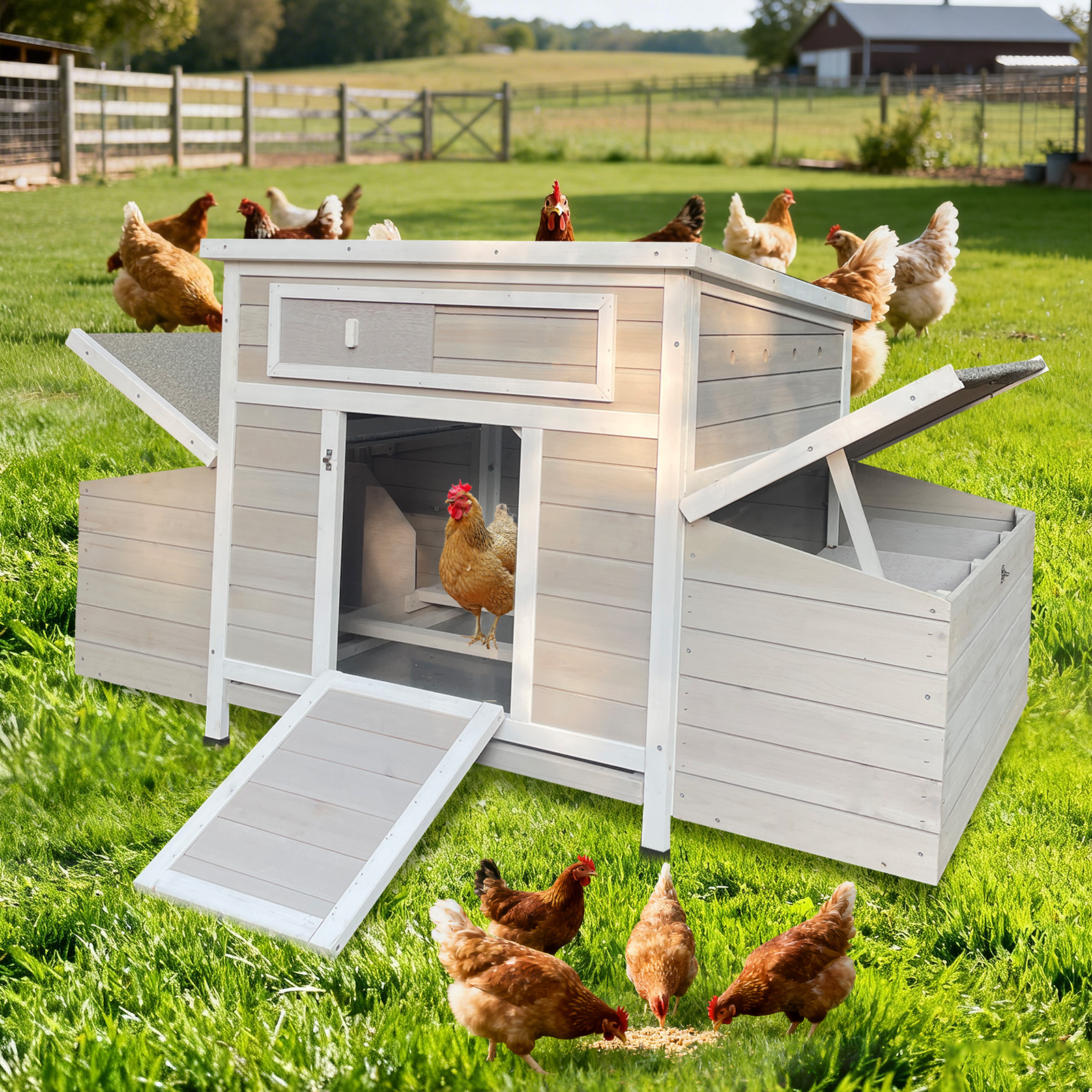 Large Wooden Chicken Coop Outdoor Hen House Poultry Cage For Outdoor With 2 Sides Nesting Boxes — imagen 1