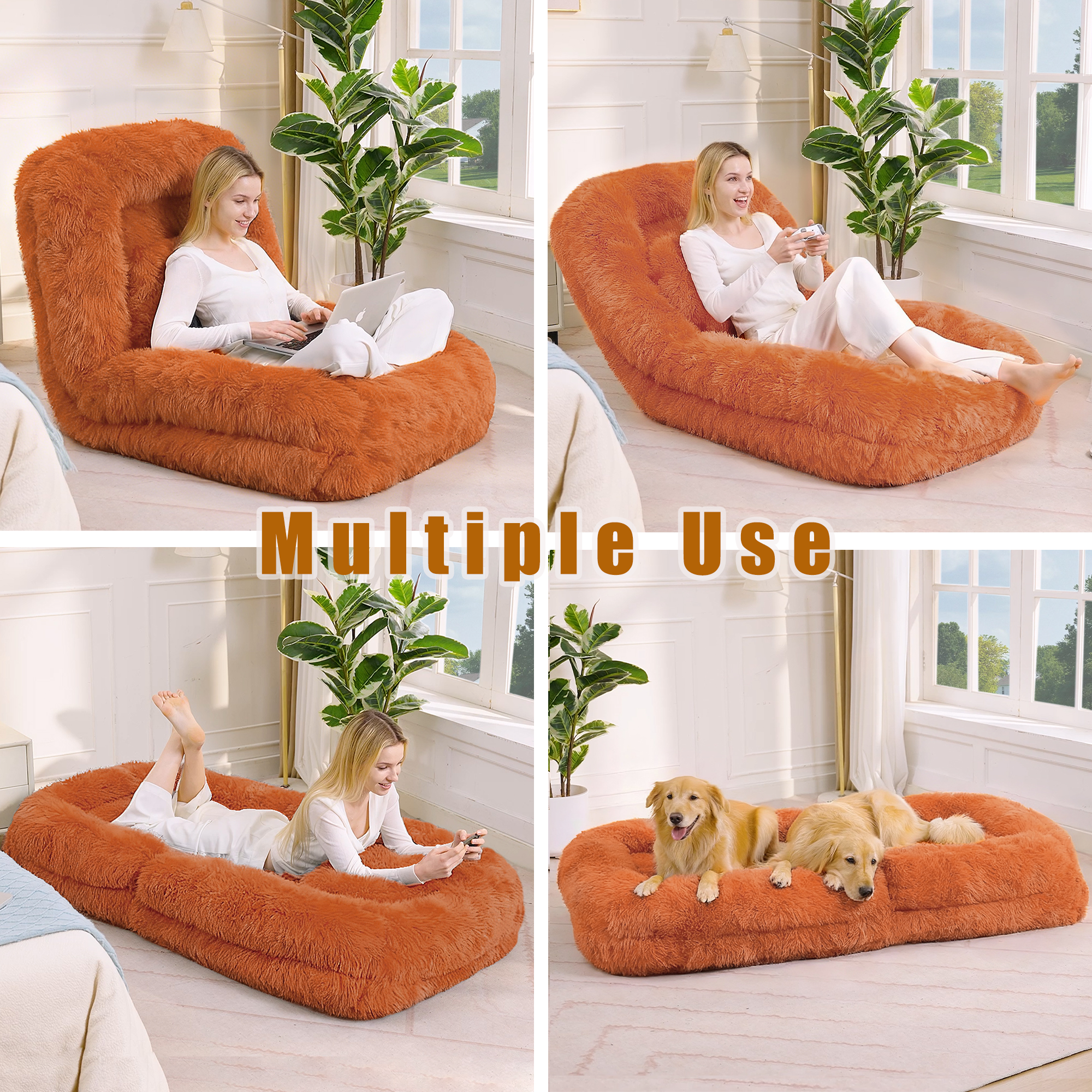 Human Dog Bed, Lazy Sofa, 5-Position Adjustable Convertible, Floor Gaming Chair, bedroom, living room, Suitable for gaming, meditation, relaxation, Plush Fabric, Orange — image 25