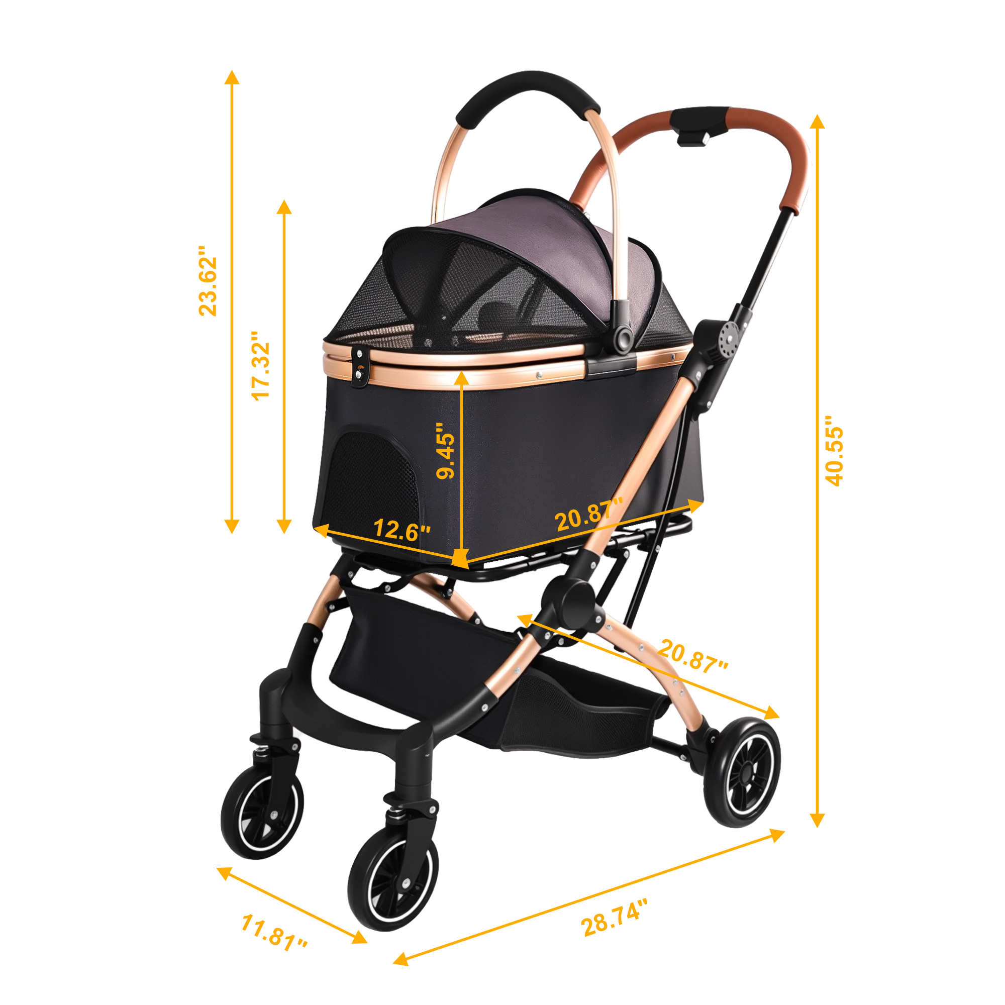 Pet Stroller for Dogs and Cats, 2-in-1 Detachable Foldable 4 Wheels Pet Stroller, Quick One-Hand Fold, Storage Basket, Detachable Carry Basket with Sun Canopy(Black+Gold) — image 4