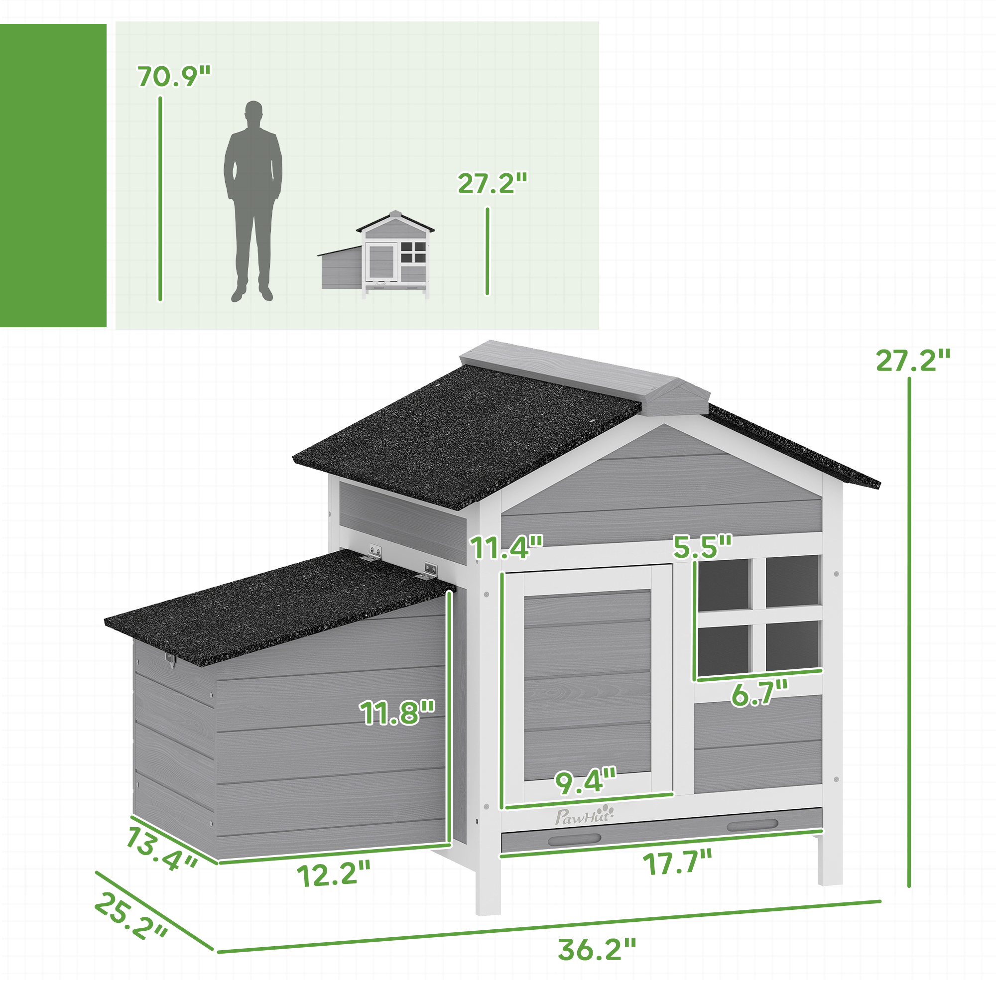 Casa de Pollos de Madera Exterior con Caja de Incubación, bandeja metálica deslizante, para 1-2 pollos, conejos, patos, 36" x 25" x 27" — imagen 7