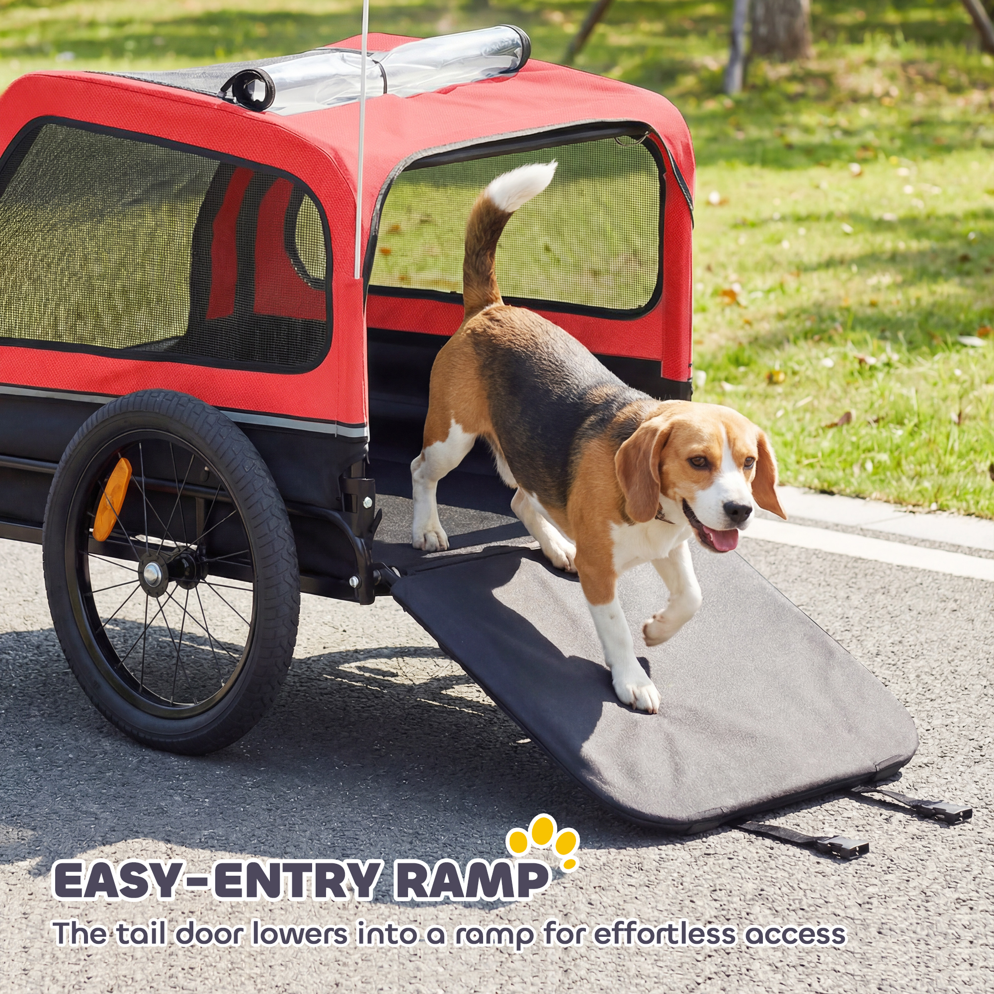 Remolque para Perros de Bicicleta para Pequeños y Medianos Canes, Coupler Universal para Bicicletas, Rampilla Plegable y Portón Traslacional Rojo — imagen 7