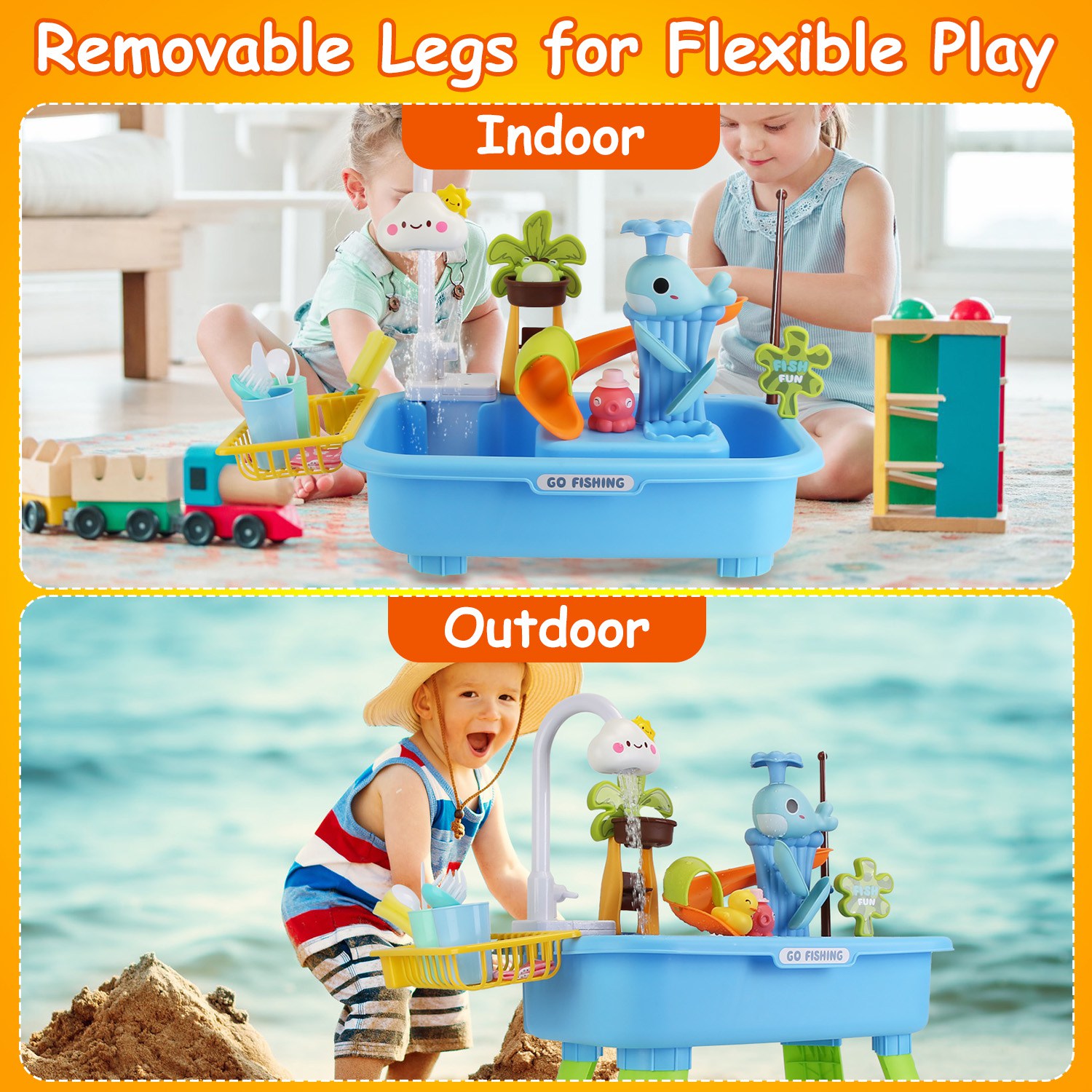 1Set 3 In 1 Kitchen Sink Toy With Electric Faucet Water Table Fishing Game Role Play Sink Set Indoor Outdoor For Kids Aged 3 Years Old — imagen 4