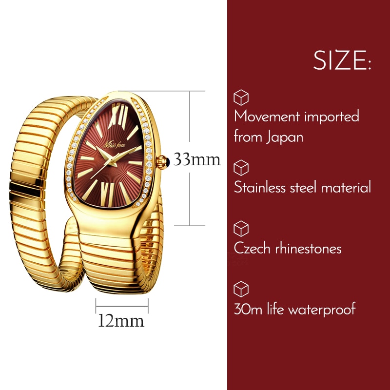 MISSFOX 1221 Women's Watches Snake Shape Luxury Wrist Watch For Women Steel Unique Gold Quartz Ladies Watch Clock Relogio Feminino — image 3