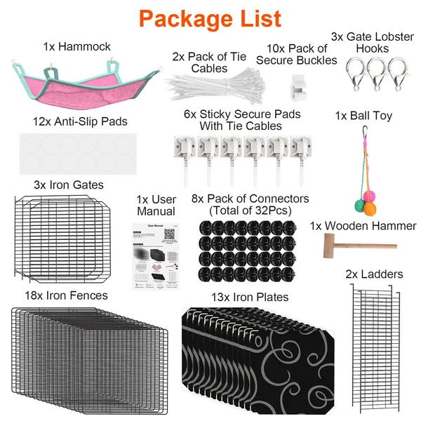 Jaula/Corral para Gatos de 3 Niveles para Interior con Hamaca, Pelota de Juguete y Escalera, Casa de Alambre de Hierro para Armar Tipo DIY para 1-2 Gatos, Hurones, Conejos y Otros Animales Pequeños — imagen 5