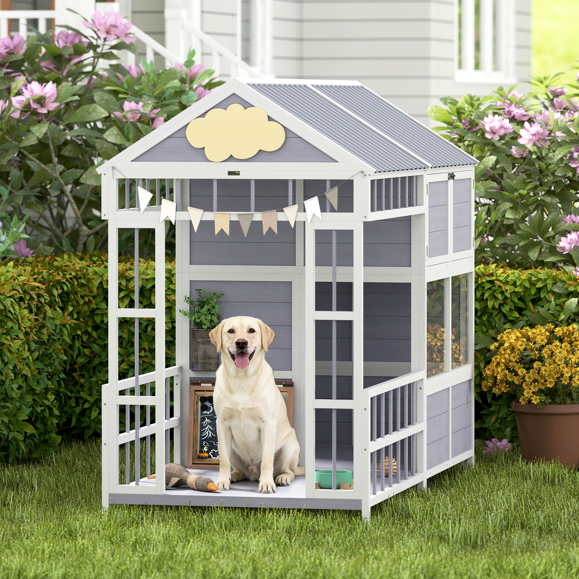 L Large Dog House Outdoor, Wooden Dog Kennel with Porch, Storage Cabinet, Weatherproof Roof, Windows — image 3
