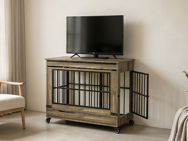 Dog Crate Furniture, Double Door Wooden Indoor Dog Kennel Furniture, Decorative Pet Cage End Table With Wheels For Medium And Small Breed Dogs, Size M, Greige — image 3
