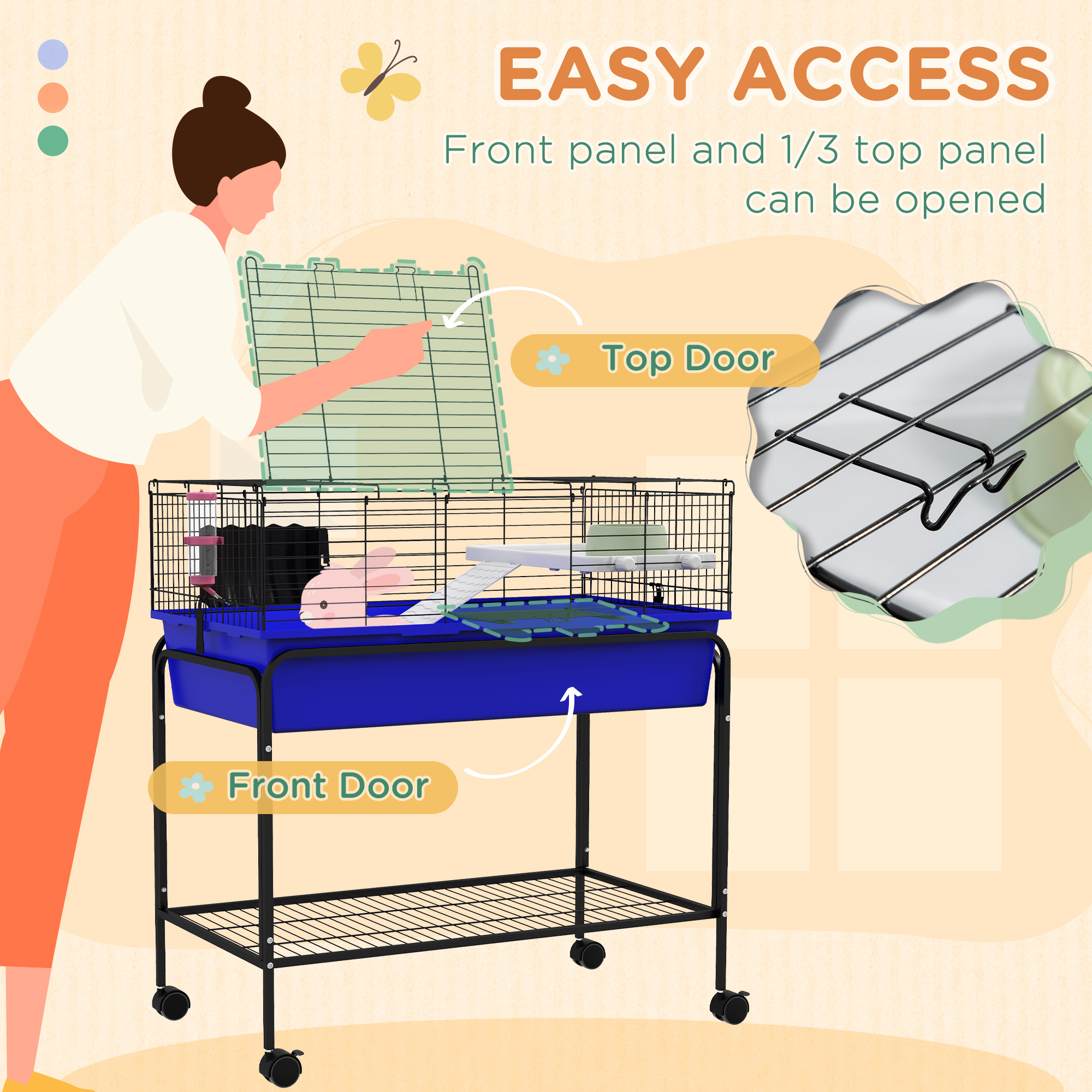 Caja de Animales Pequeños de Dos Niveles, Removible del Soporte, Hábitat para Mascotas con Estante y Ruedas, 33" x 18.5" x 35", Azul — imagen 4
