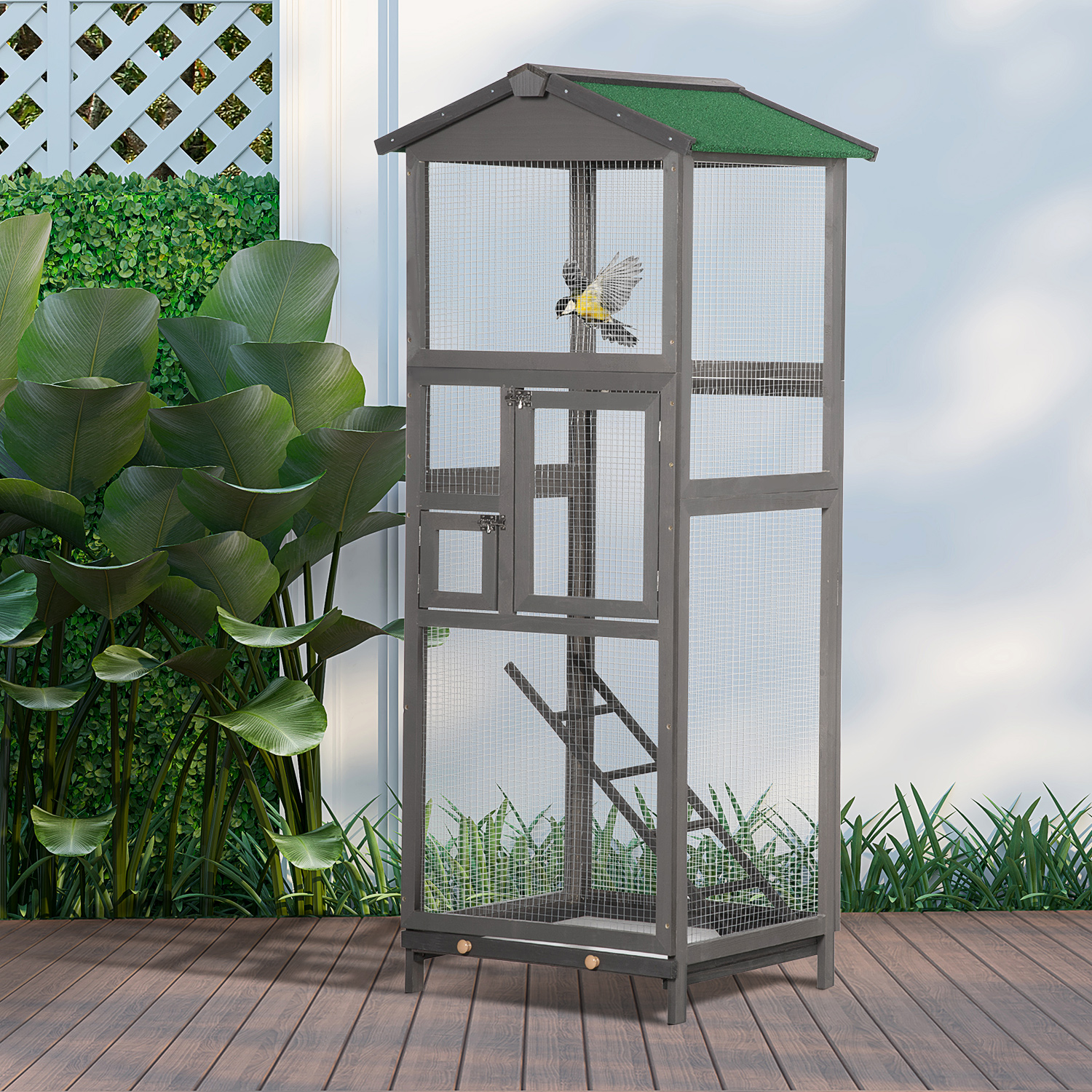 Jaula de Pájaros de Madera para Exterior de 65", Pajarera para Loros y Periquitos, con Bandeja Extraíble y 2 Puertas, Gris — imagen 6