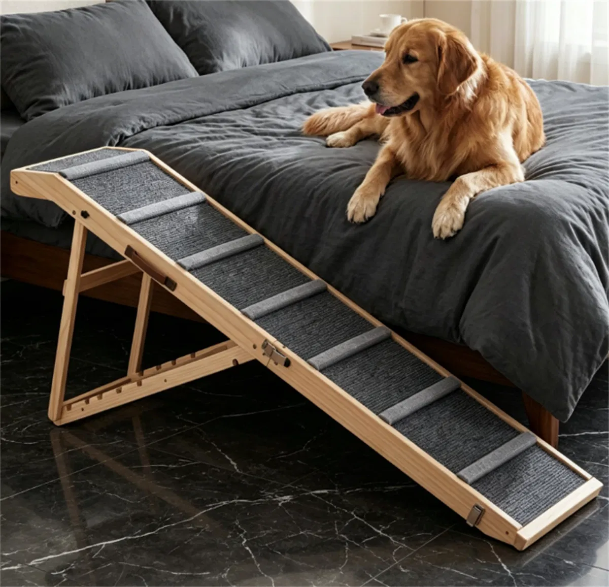 6-Level Adjustable Foldable Pet Ramp, Solid Pine Wood Non-Slip Dog Stairs with Side Rails, 145 lbs Heavy Duty Pet Step for Senior Dogs & Pets with Mobility Issues — image 7