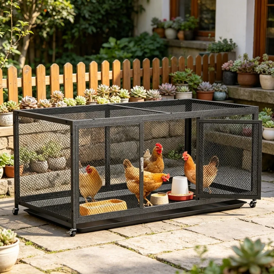 Caja de Gallinas Metálica de Alto Rendimiento con Cubierta Impermeable y Ruedas — imagen 1