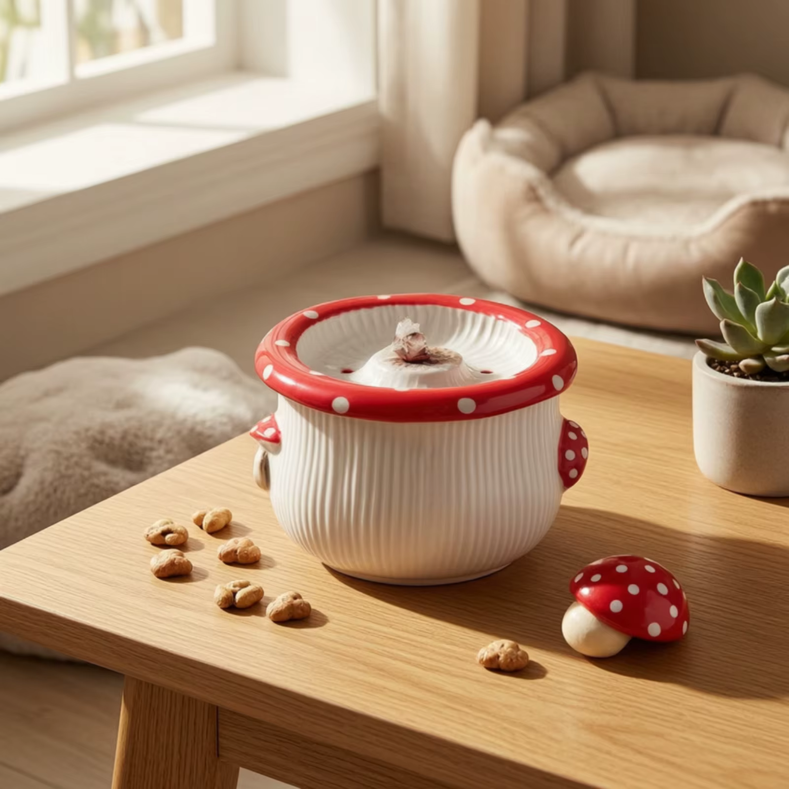 Ceramic Pet Fountain with Filter Pump Mushroom Themed Water Station Fresh Water Flow Easy to Place for Cat Owners — image 1