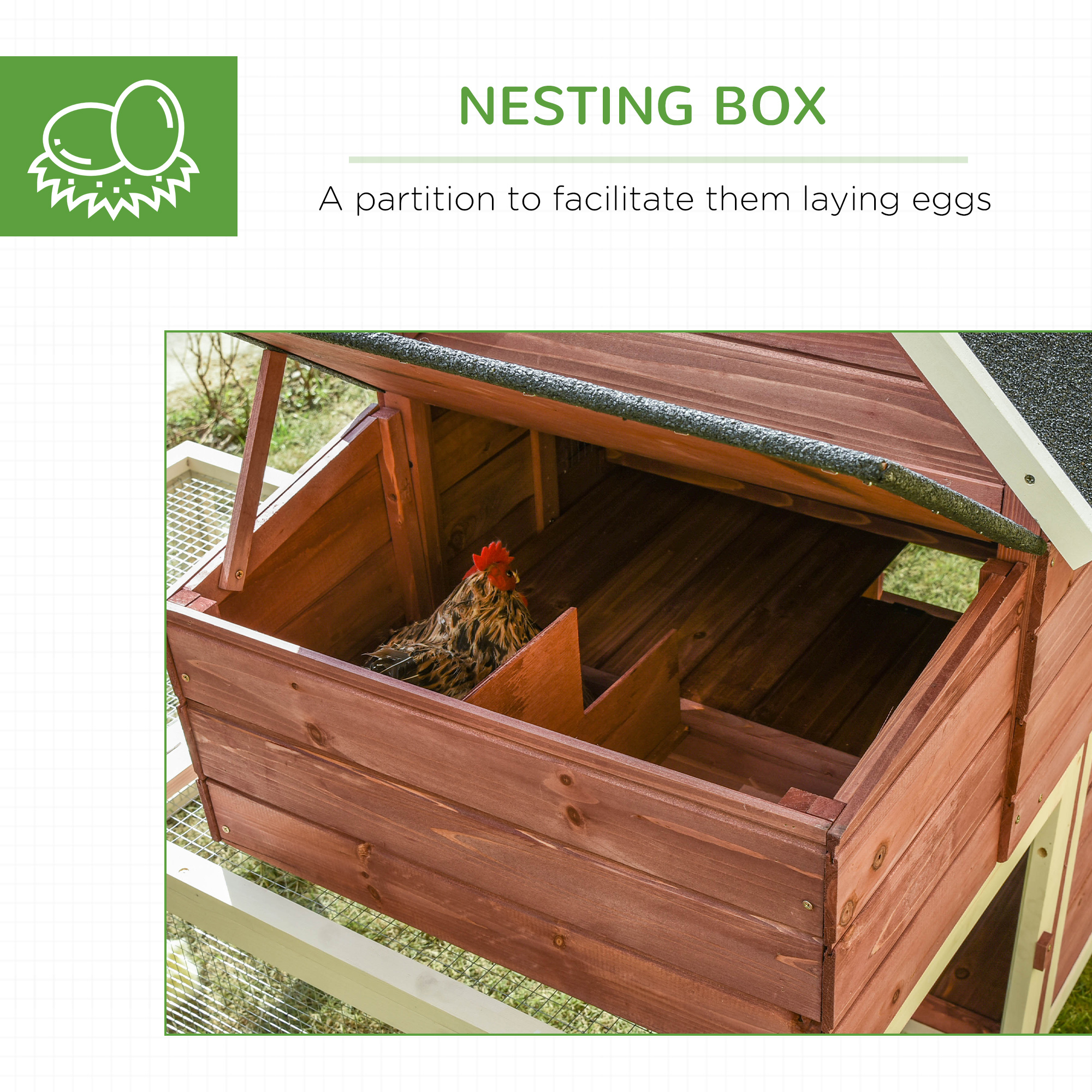Casa para Pollos de Madera, Caja para Pájaros al Aire Libre con Box de Incubación, Corral Doble, Techo de Asfalto, Rampita — imagen 7