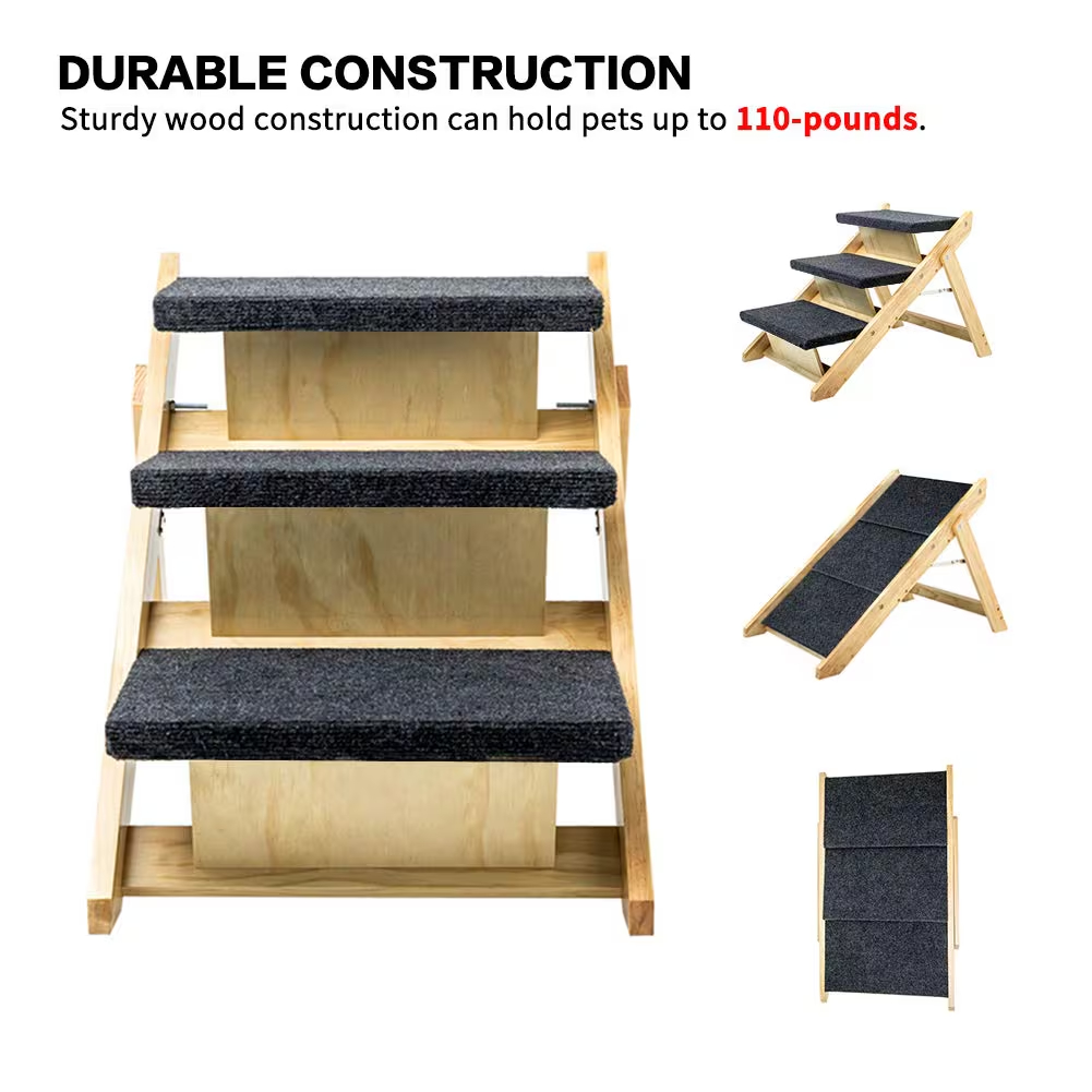 Wood Pet Stairs Pet Steps Foldable 3 Levels Dog Stairs Ramp Perfect For Beds And Cars Portable Dog Cat Ladder Up To 110 Pounds — image 1