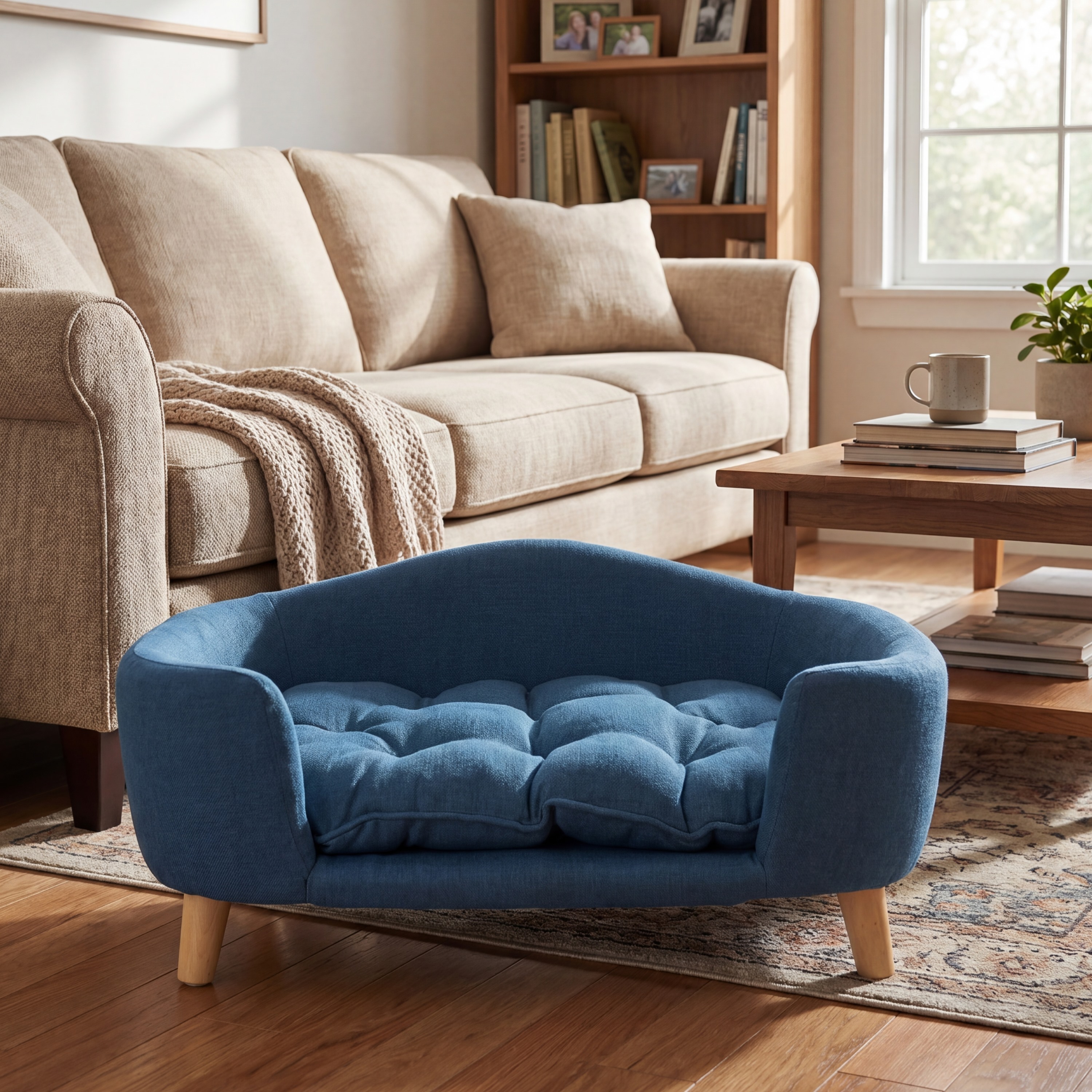 Cama para Perros Elevada con Soporte de Madera de Caucho y Espuma, Azul Marino, Fácil Montaje — imagen 1