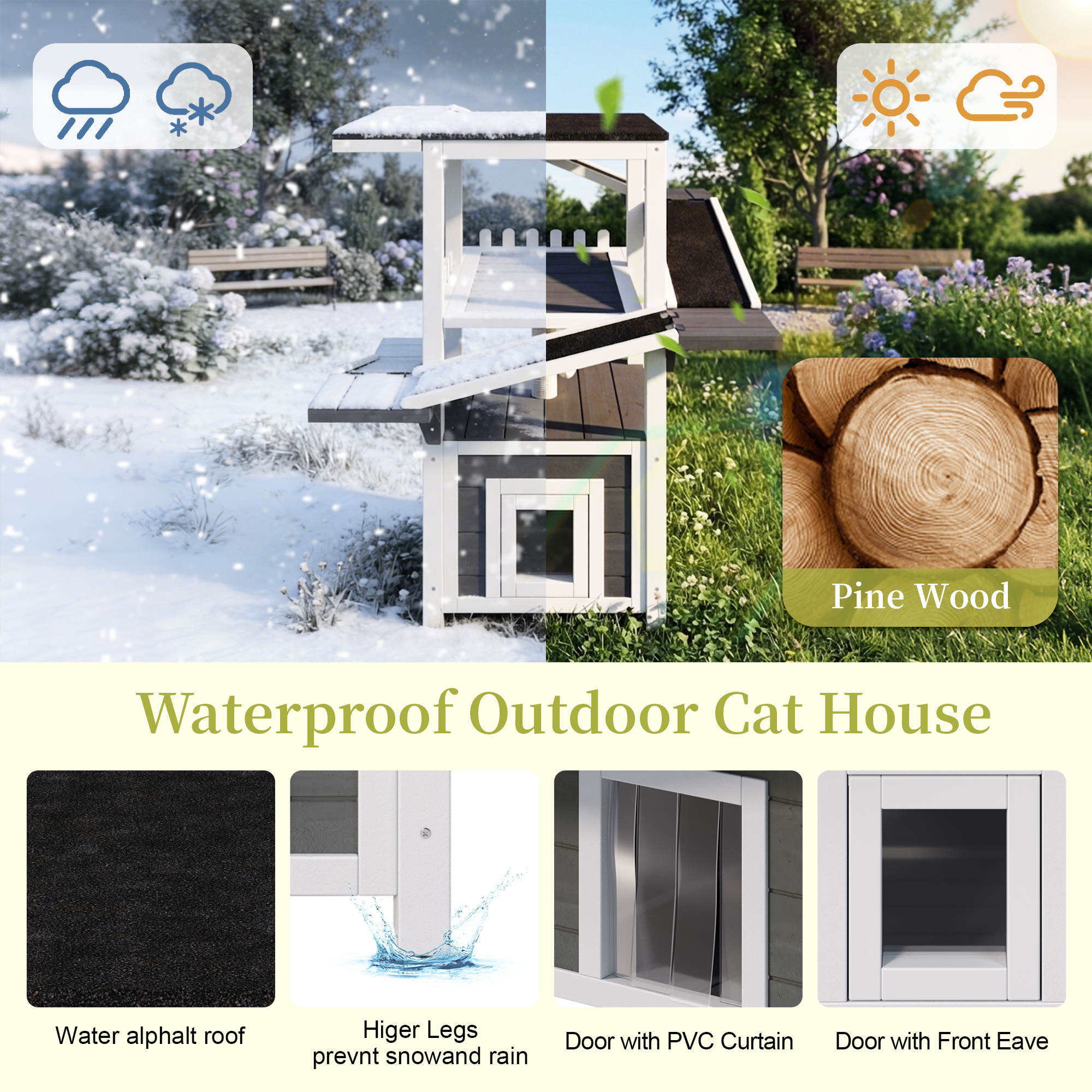 4 Tiers Outdoor Cat House Weatherproof Cat Tree Tower With Waterproof Roof And 2 Doors, Feral Cat Shelter Outside Enclosure, Multi-Level Play Zones With Balcony, For Small Animals, Grey White — image 2