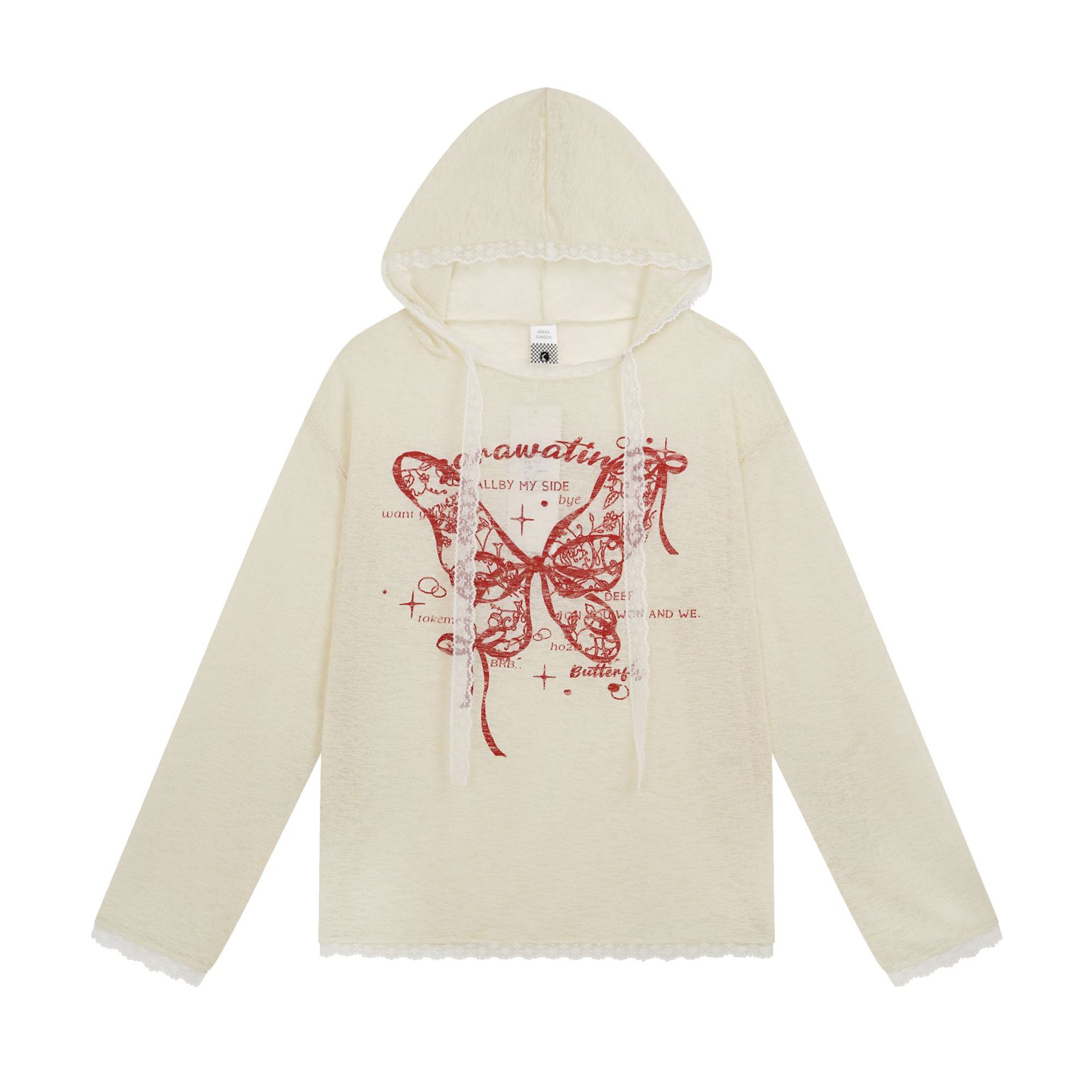 Lace Butterfly Applique Hoodie Lightweight Breathable Lace Trim Sweet Style Long Sleeve — image 1