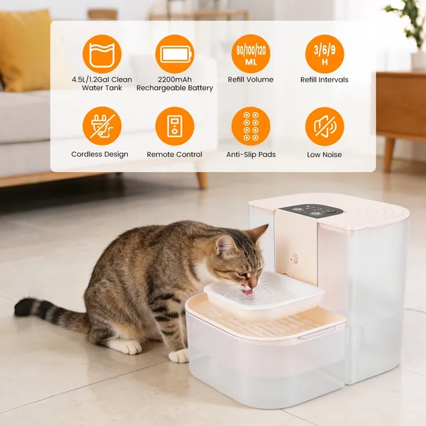 Smart Automatic Pet Water Dispenser, Automatic Pet Water Dispenser With Dual Tank, Dual Tank Filtration 4.5L Cordless Water Fountain With Remote Control For Pets — image 4