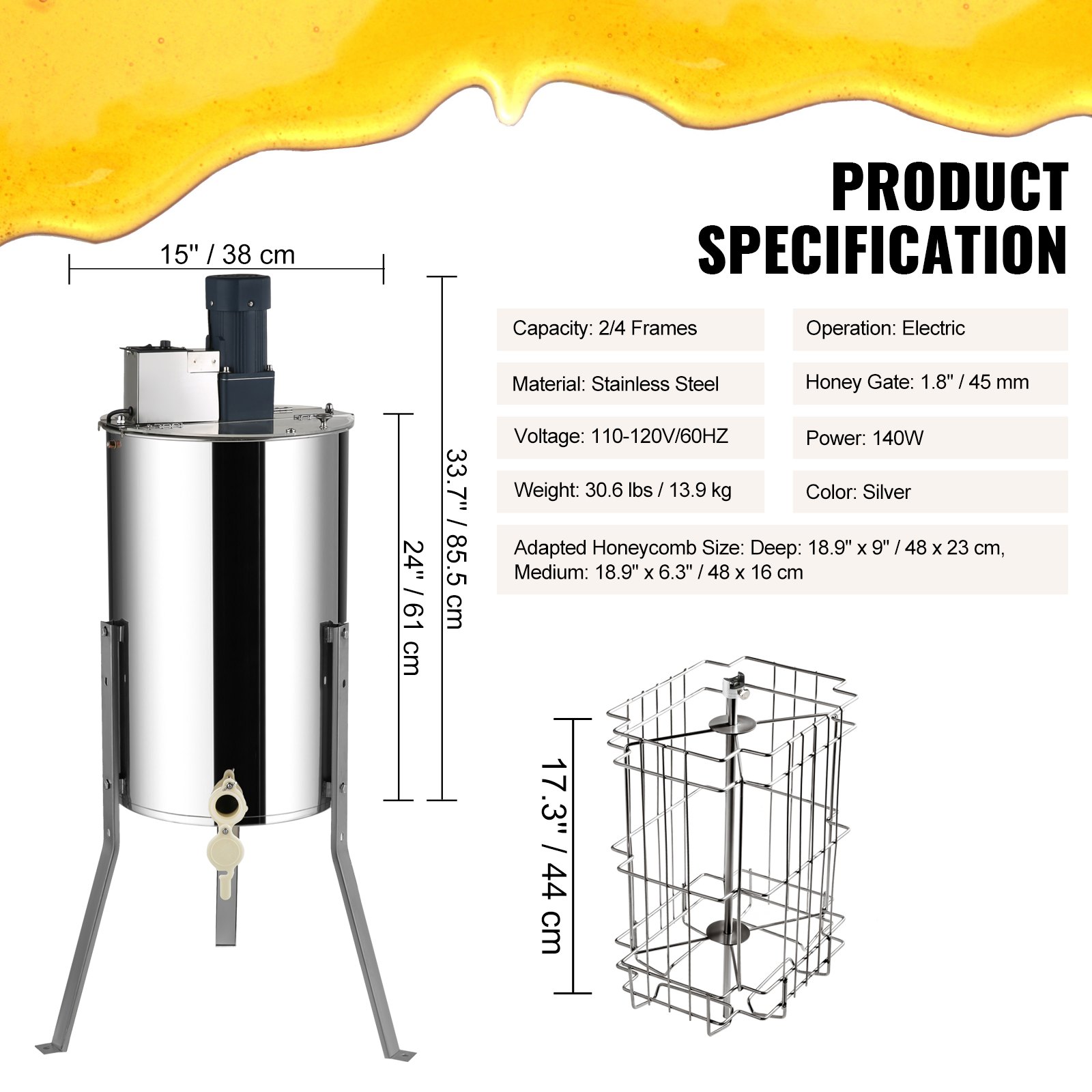 Electric Honey Extractor, Frames Honey Spinner Extractor, Stainless Steel Beekeeping Extraction, Apiary Centrifuge Equipment With Height Adjustable Stand, Honeycomb Drum Spinner With Lid — image 5