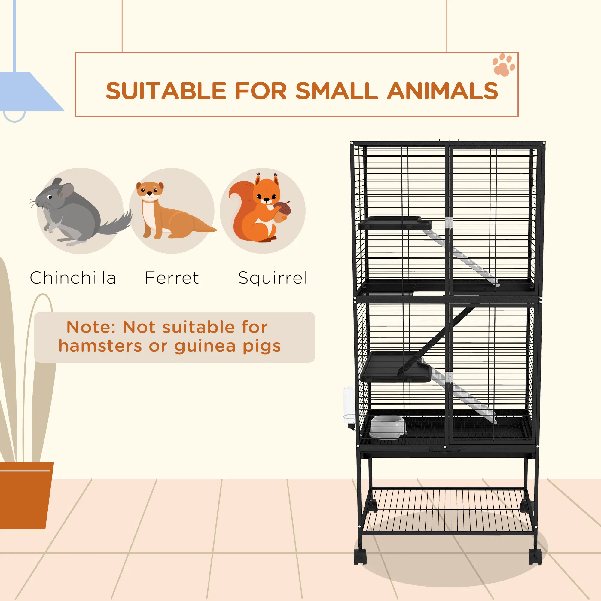 Rolling Small Animal Cage 53.5"H Chinchilla Cage for Ferrets, Squirrels w/ Removable Tray, Storage Shelf, Black — image 2