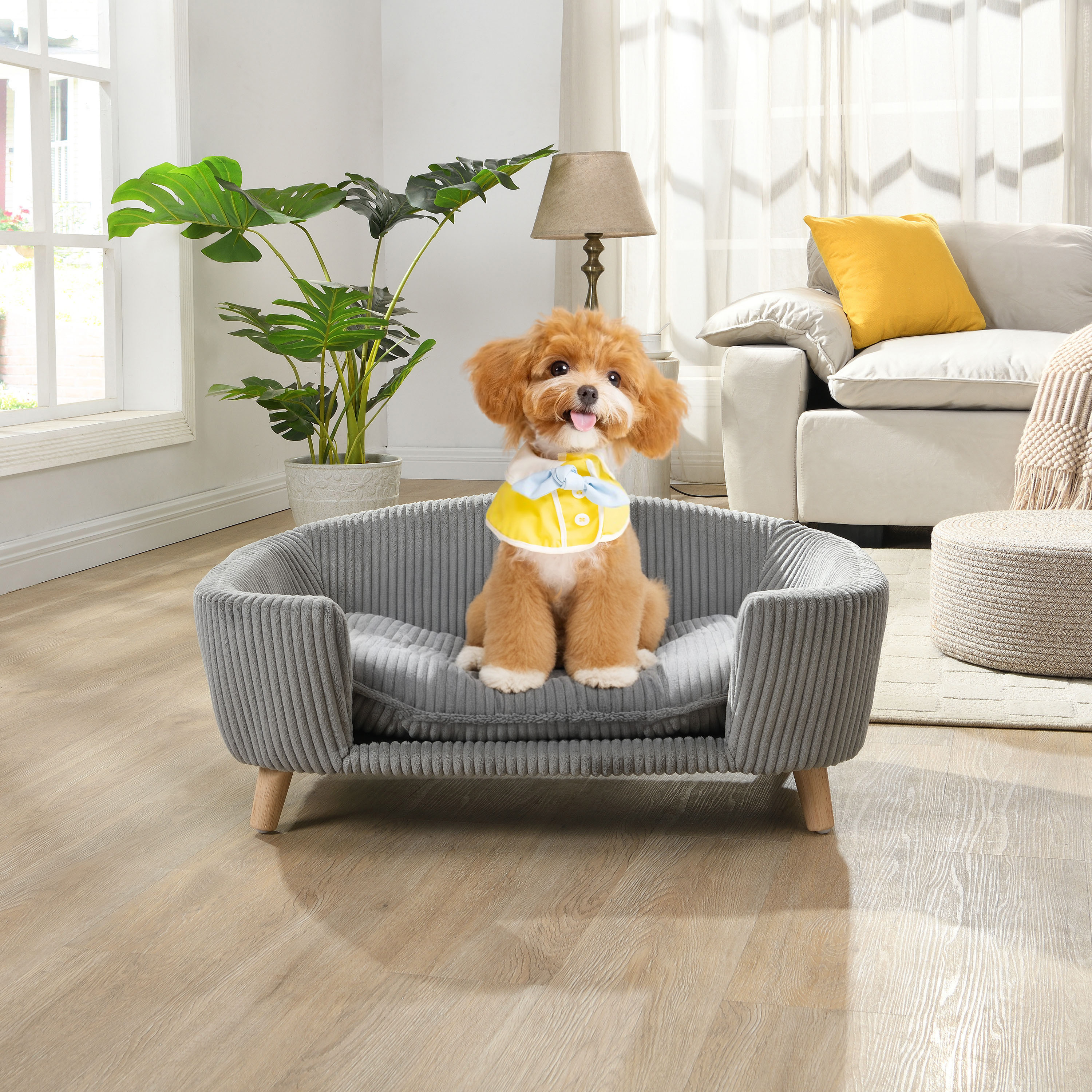Elevated Dog Bed Frame for Small Dog, Corduroy Pet Couch Bed with Rubber Wood Legs and Supportive Foam, Grey, Easy Assembly — image 1