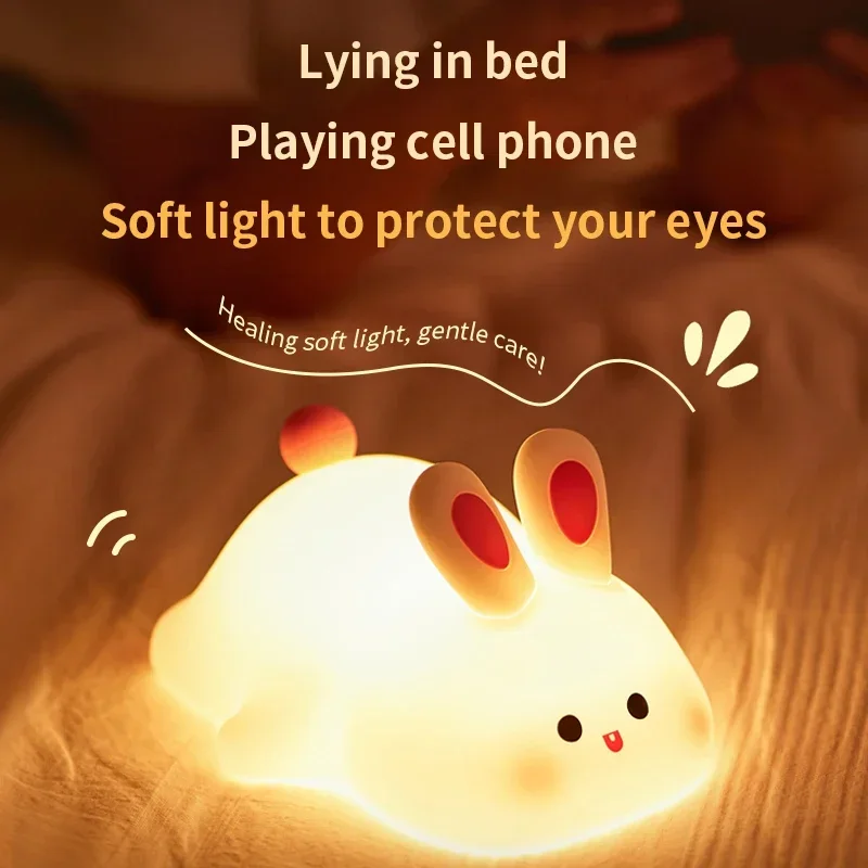 Silicone Night Lights Cute Rabbit Patting Lamp Rechargeable Timing Sleeping Night Lamp Holiday Party Decor Kids Gift Night Light — image 6