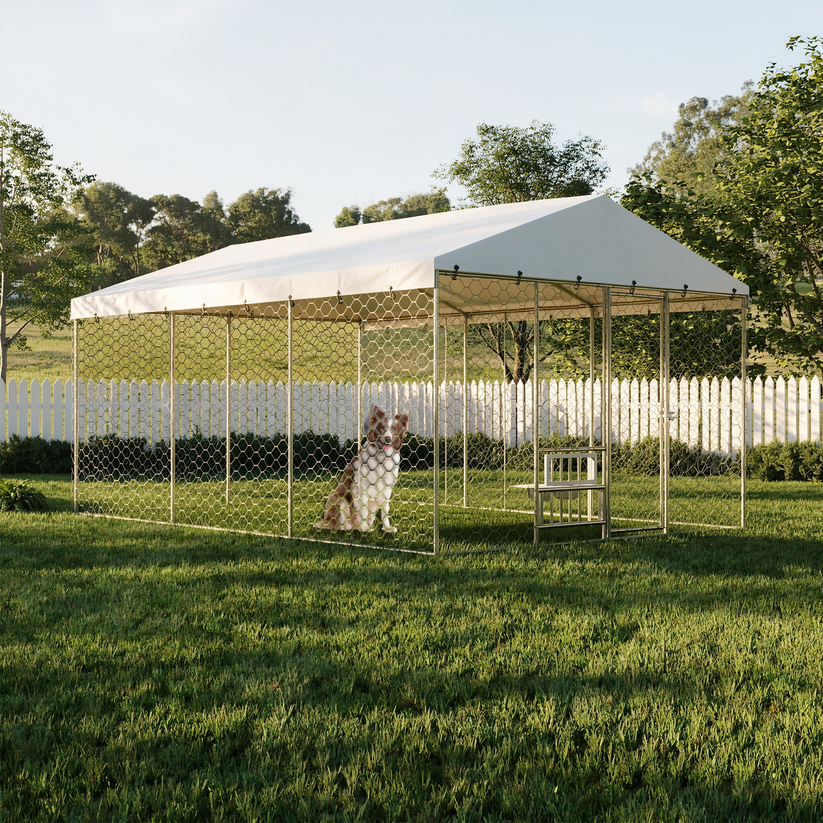 Casa de Perro Al Aire Libre Grande con Techo, Estructura de Acero Galvanizado Resistente, Cubierta Impermeable, Comodines de Alimentación Elevados Integrados, Jaula Segura para Perros Grandes y Animales Múltiples — imagen 11