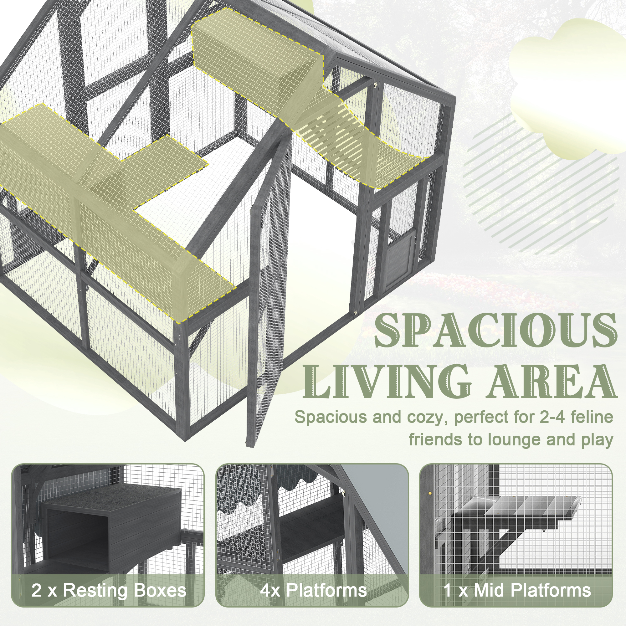 Cat, Large Outdoor Cat Enclosure For Multiple Cats With 2 Platforms, 2 Resting Box And 1 Bridges, Wooden Feral Cats Shelter With Waterproof And UV Proof Canopy, 74.02 X 55.15 X 74.02 Inch — image 4