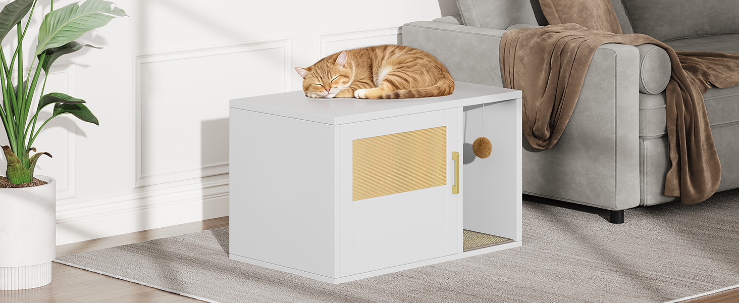 Caja de Limpieza para Gatos Multifuncional de Diseño Blanco Moderno Casa para Gatos con Lavabo y Mesa de Sílabo para Dormitorio y Salón — imagen 32