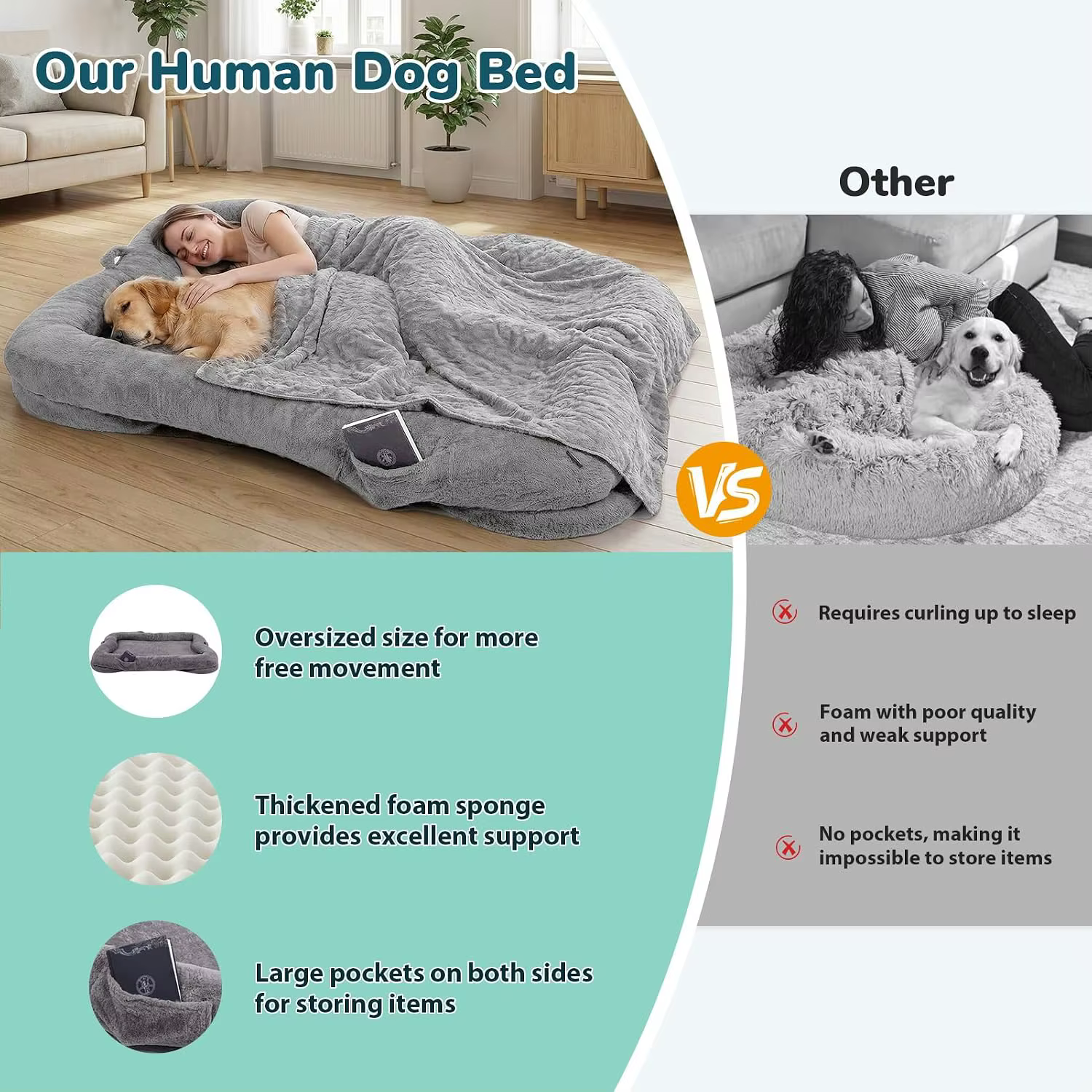 Human Dog Bed for Adults, 71''x45''x12'' Size Fits Adults & Pets, Gray | Washable Faux Fur, Non-slip Bottom Surface, Custom — image 3