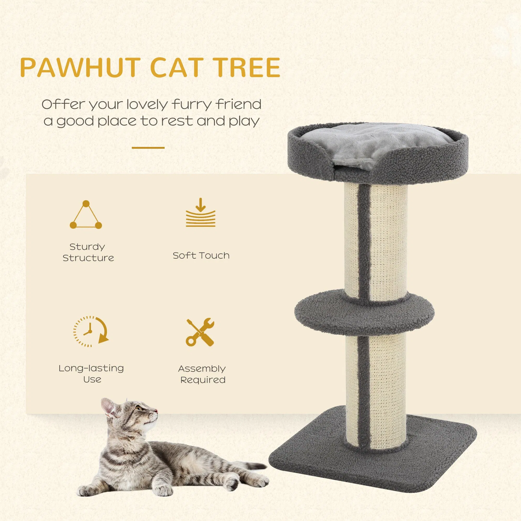 Cat Tree Kitty Tower with Sisal Mat Scratching Post, Cat Bed, Cushion, Perch, 18" x 18" x 36", Grey — image 5