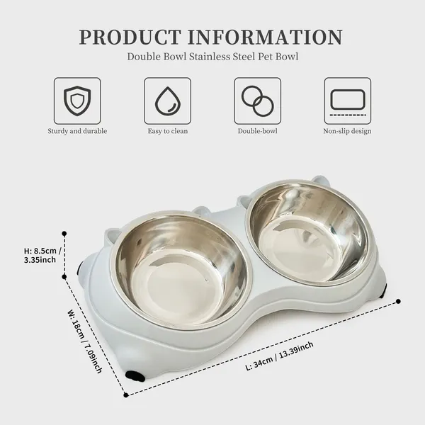 Anti Slip Base Double Cat Food Bowl, Gray Stainless Steel Food And Water Bowl, Easy To Clean And Detachable Design, Cat And Dog Pet Feeder — image 1