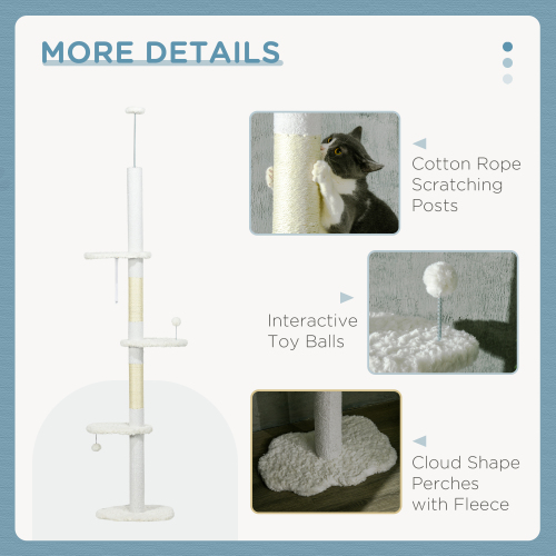 PawHut Floor To Ceiling Cat Tree With Scratching Posts, 88.5-100.5 Adjustable Height, Cat Climbing Tower With Cloud Shape Platforms, Toy Balls, Anti-toppling Device, White — image 7