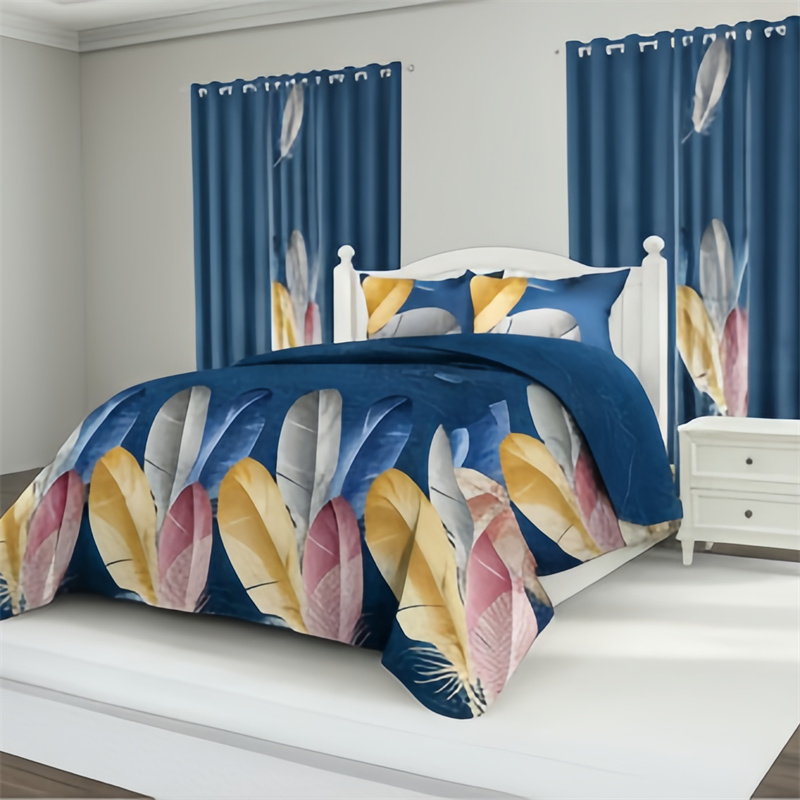 9 Piece Room In A Bag Quilt And Curtain Set, US Designer Navy Blue Boho Feather Print Heavyweight Bedspread With 6 Customizable Window Panels, Pet-Friendly High GSM Coverlet — image 8