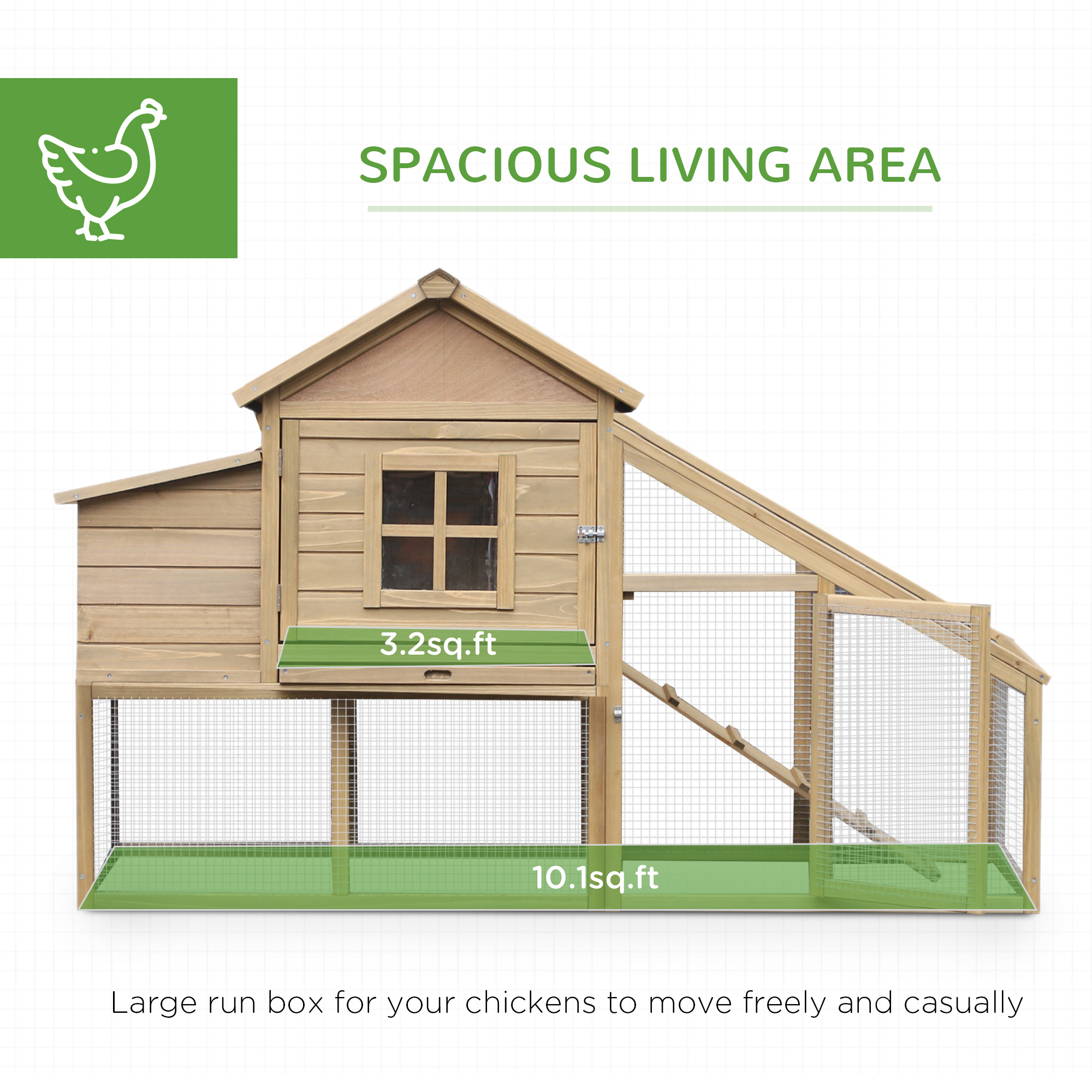 69" Wooden Chicken Coop, Poultry Cage Hen House With Connecting Ramp, Removable Tray, Ventilated Window And Nesting Box, Natural — imagen 3