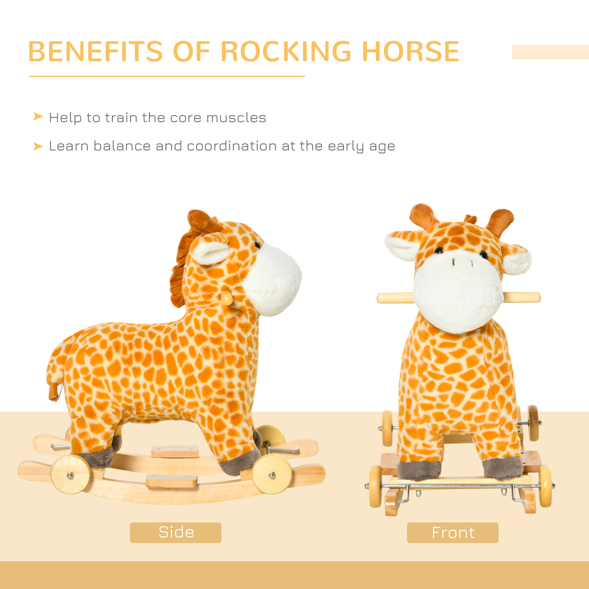 Caballo de Madera que Se Mueve, 2 en 1 para Niños: Caballo y Jirafa con Sonido, Manijas Seguras, Base de Madera, Piso de Pedal, Perfecto para Edad 3-6 Años, Amarillo — imagen 3