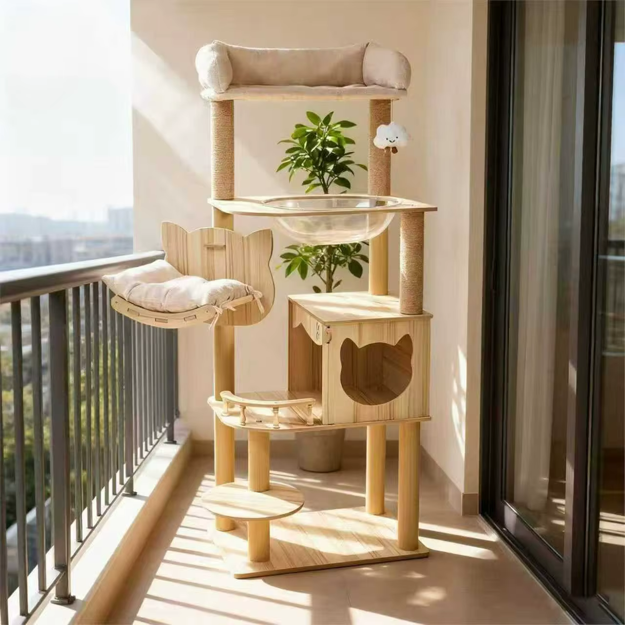 Torre de Árbol de Madera Alta con Condominio para Gatos y Plataforma Superior de Peluche para Gatos de Interior — imagen 1