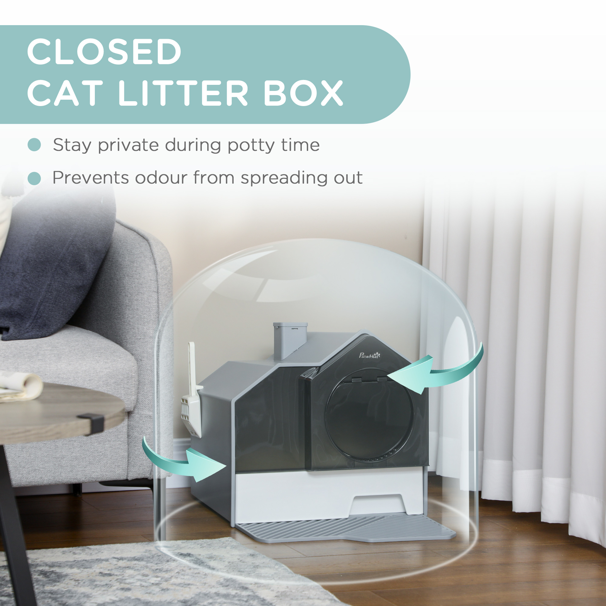 Hooded Cat Litter Box w/ Litter Mat, Litter Particle Catching, Gray — image 2