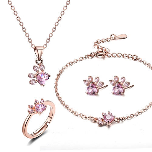 4 Piezas Anillo de Huellita de Gato, Oso y Perro para Mujer, Set de Joyería con Piedra CZ Blanca, Anillos, Collar, Pulsera y Aretes en Plata y Oro — imagen 9
