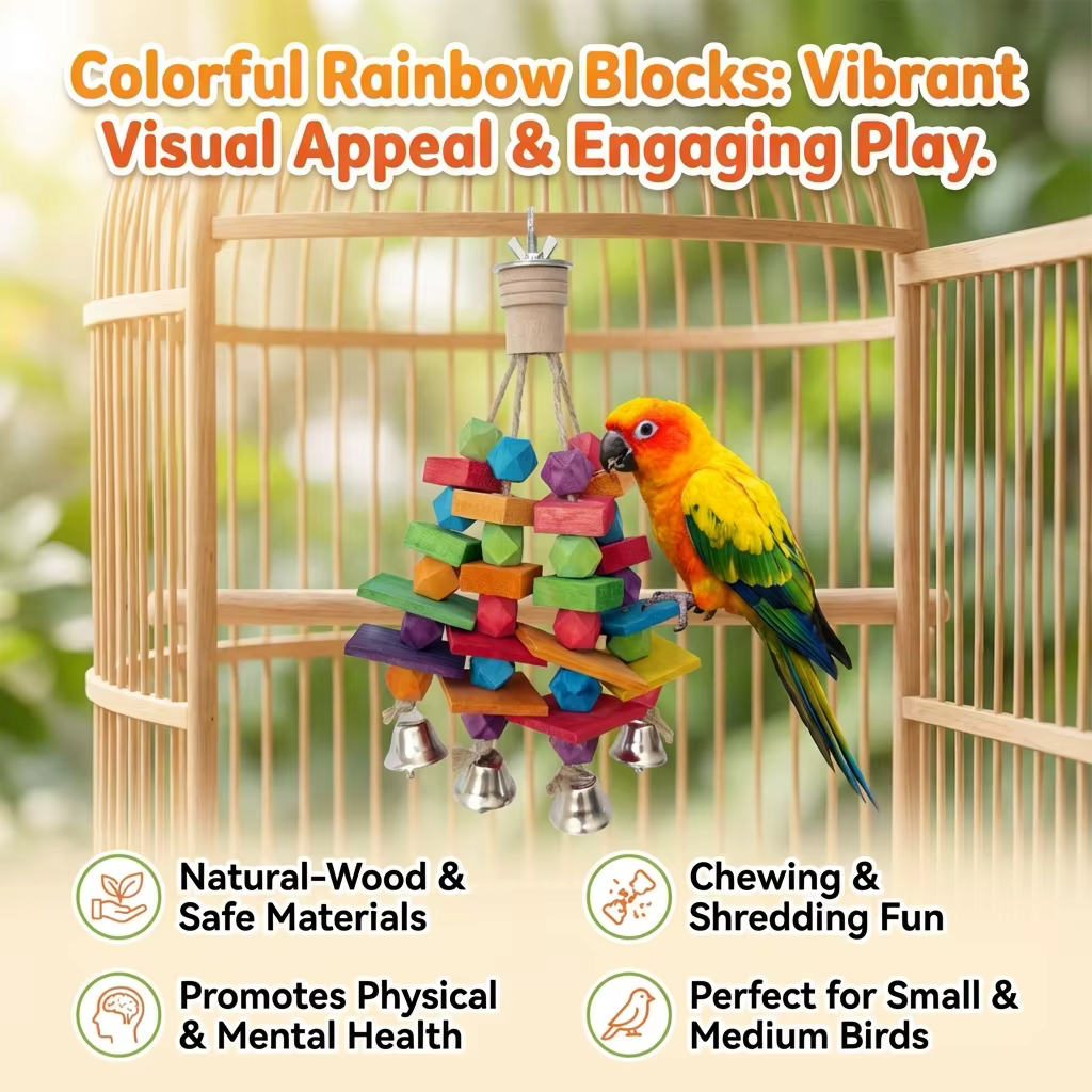 Parrot Toy with Rainbow Blocks and Bell Natural Wood Chew Toy for Small to Medium Birds Interactive Entertainment for Pet Birds — image 1