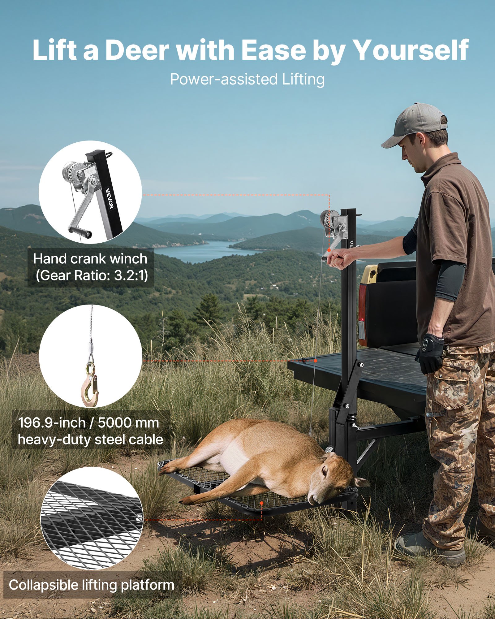 Hitch Deer Hoist With Lifting System Platform, 300 Lbs Load Capacity, Game Hoist Winch Lift With 2-inch Receiver, 360-Degree Swivel Shaft & Foldable, Hitch-Mounted Deer Hanger For Moving Game — image 4