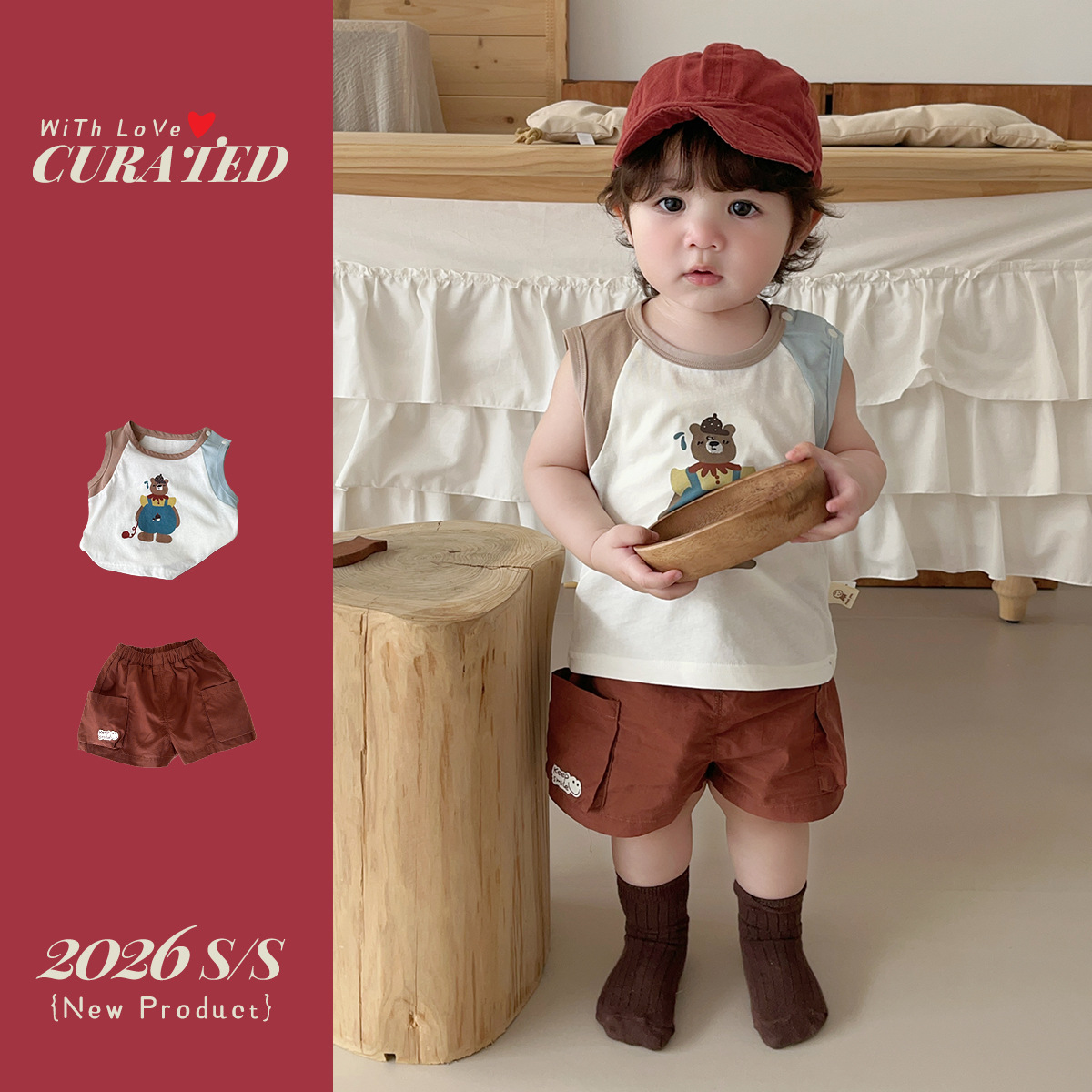 Boy's Stylish Two-Piece Set, Cartoon Bear Sleeveless Color-Block T-Shirt — image 4