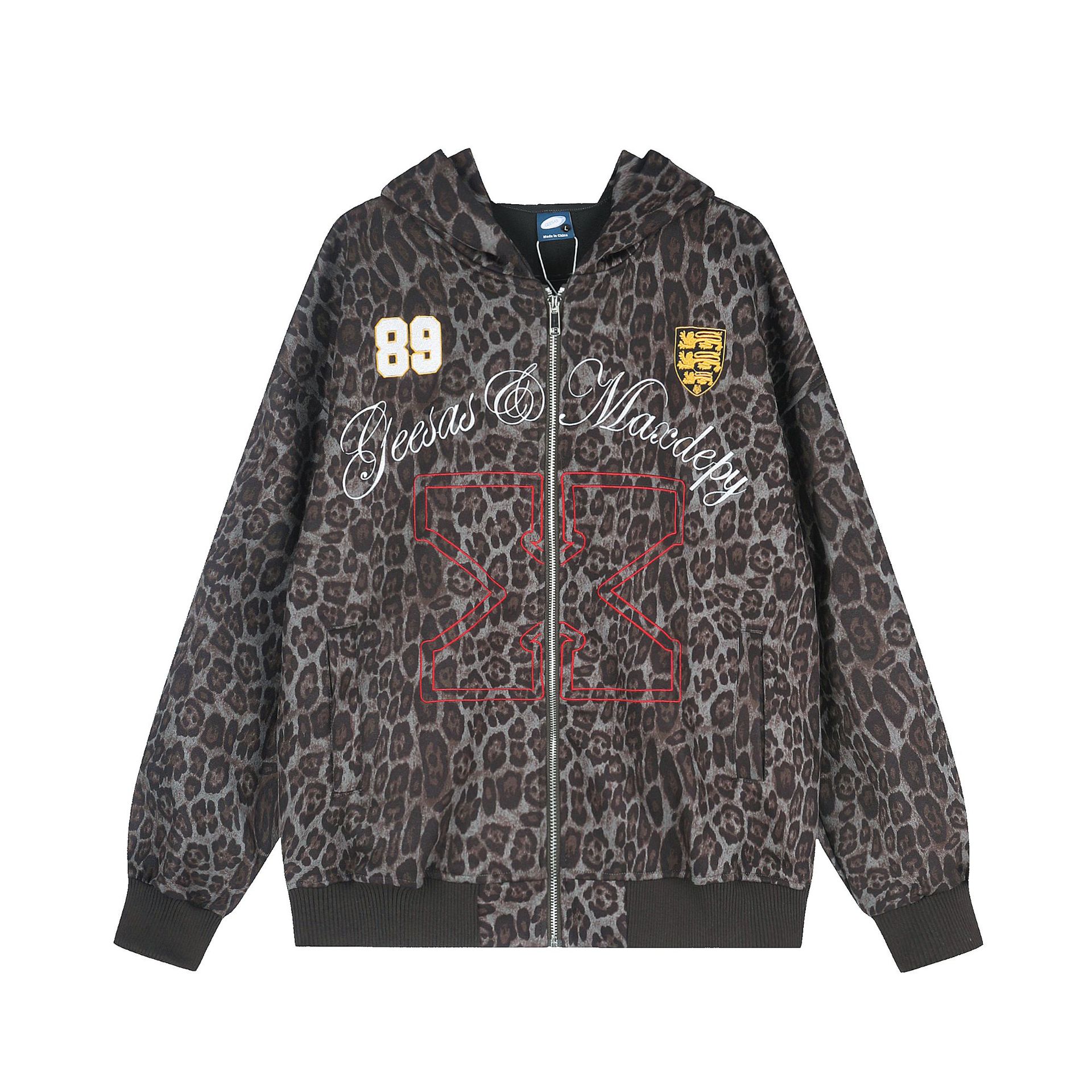 Leopard patch embroidered printed hooded sweatshirt jacket — image 1