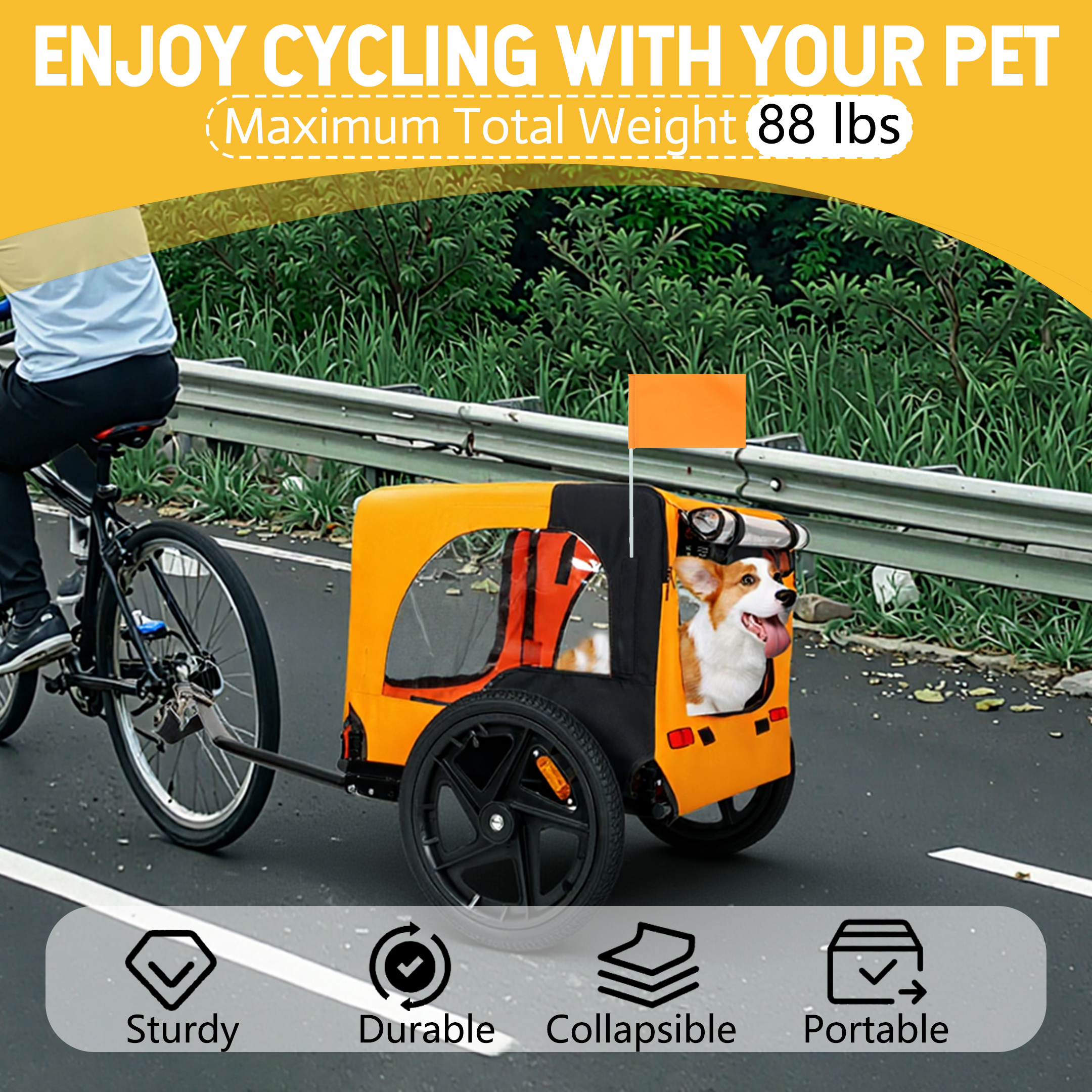Outdoor Heavy Duty Collapsible Pet Bike Trailer With 16-Inch All-Terrain Wheels & Universal Hitch - Foldable Dog Cargo Carrier Cart For Bicycles, Black Orange — image 2