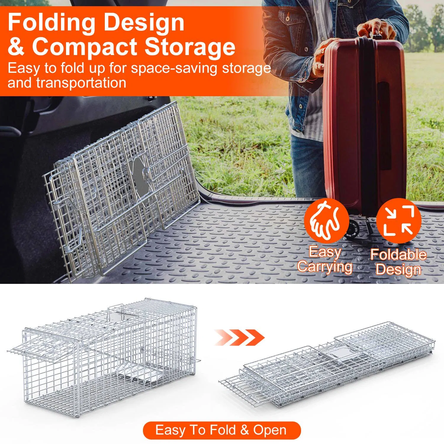 Heavy-Duty Live Animal Trap - 37x14x15 Inch Galvanized Mesh, Sensitive Pedal Trigger & Rear Release Door, Guarded Handle, Foldable Design for Raccoons, Armadillos, Small Dogs Under 55 lbs — image 8