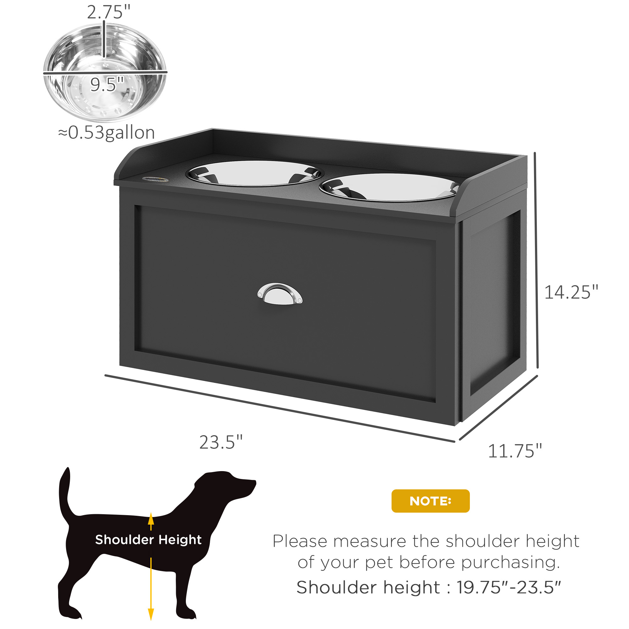 Estación de Alimentación para Mascotas con Platos y Almacenamiento, Conjunto de 2 Platos Elevados para Perros Grandes, Negro — imagen 2